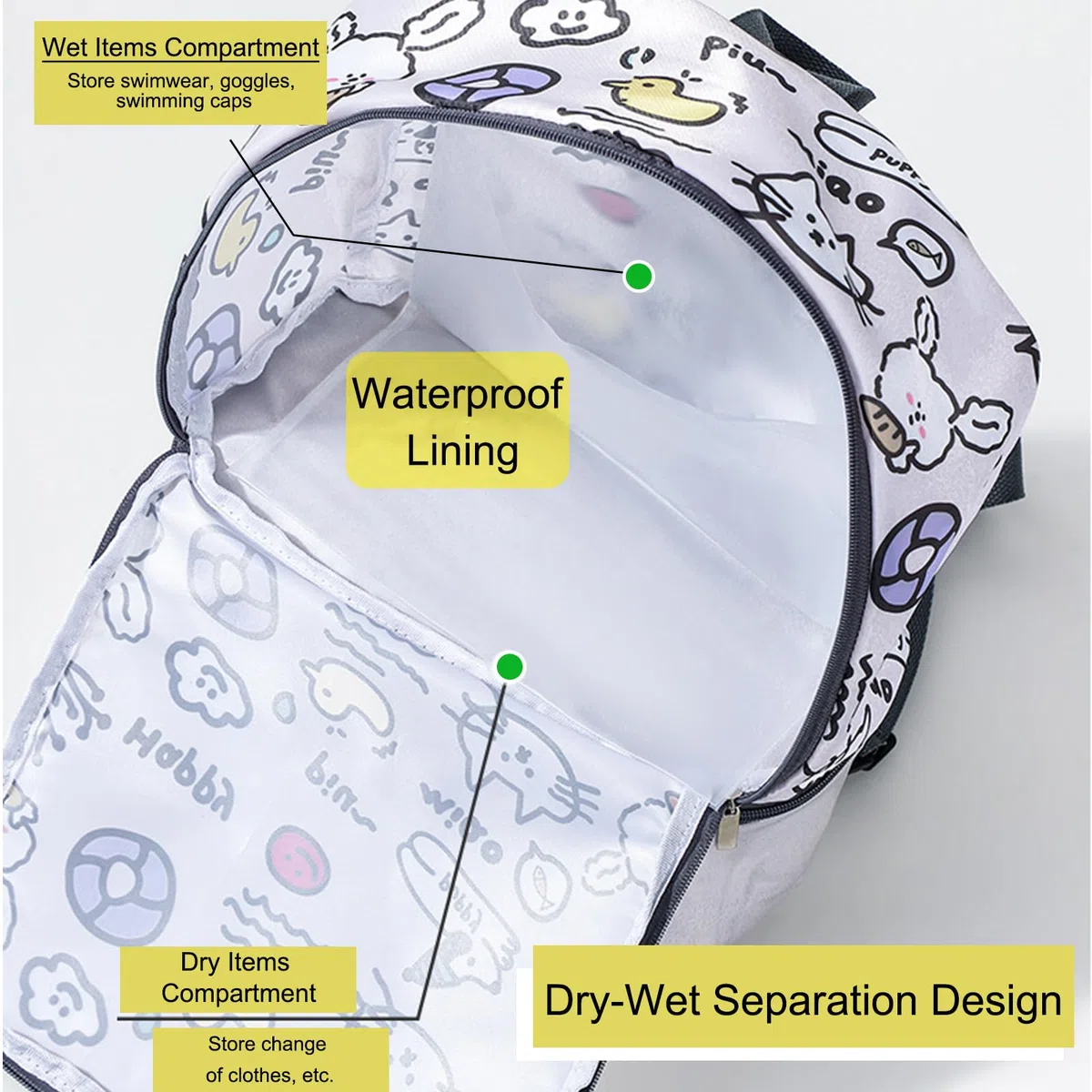 Animali dei Cartoni Animati Borsa Piscina, Borsone Piscina, Zaino Piscinas Bambino, Borsa da Nuoto Asciutta e Bagnata, Grande Capacità con Scarpiera per Sport, Viaggi, Scuola, Nuoto, Grigio