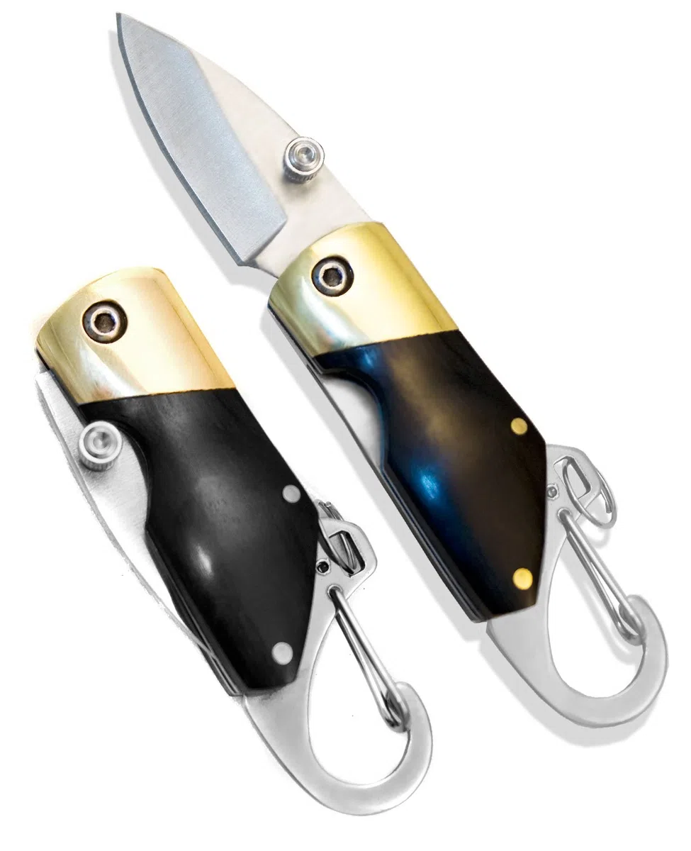 Coltellino pieghevole | con moschettone per agganciarlo al portachiavi | 11 cm, manico in legno, con custodia e passante per la cintura