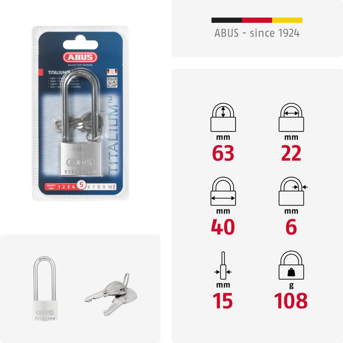 ABUS 545832-64TI/40HB63_KA6412 Candado Titalium de 40 mm arco extra largo llaves iguales