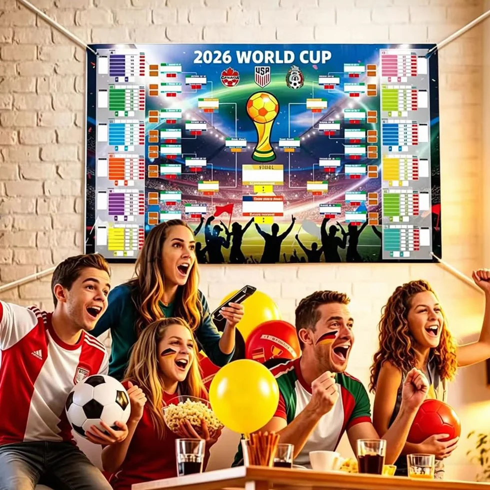 Poster 2026 con 2 penne, pianificatore di calcio, 84 x 60 cm, pianificazione del mondo 2026, poster per decorazione, contiene 48 squadre di gruppo Knockout e finale, tutti i risultati dei giochi