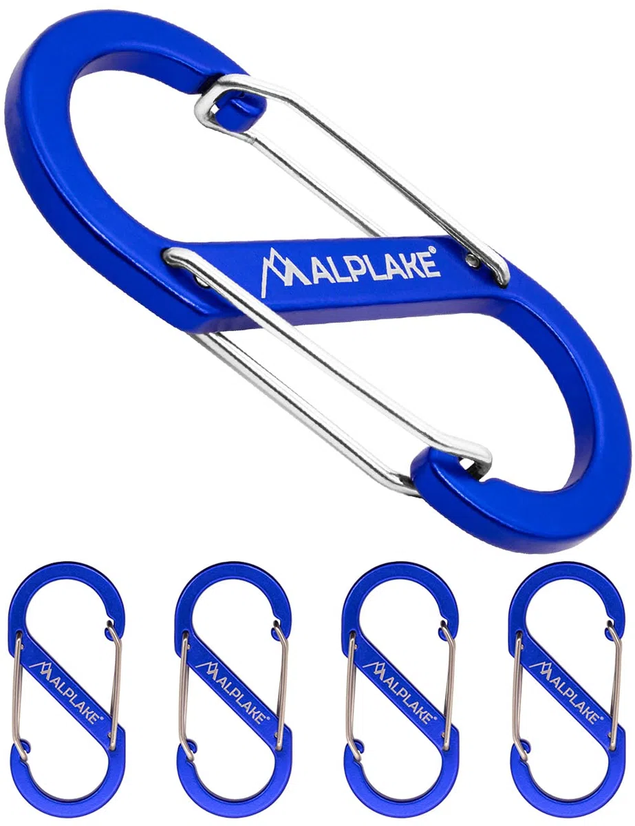 4 moschettoni in materiale doppio, micro moschettoni, forma a S, 88 x 40 mm, blu