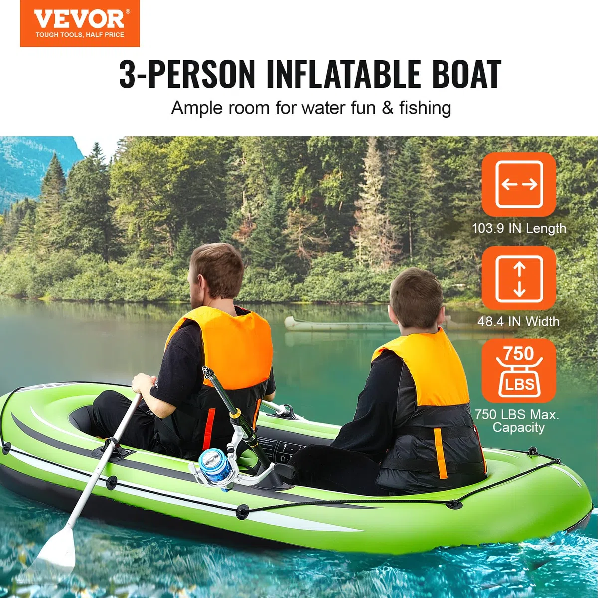 VEVOR Barca Gonfiabile, Barca da Pesca Gonfiabile per 3 Persone, Remi in Alluminio da 45,6", Porta Canne da Pesca e 2 Sedili, Capacità di 750 libbre