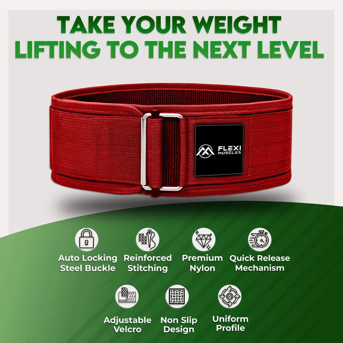 Flexi Muscles Cintura per sollevamento pesi Quick Lock, supporto posteriore regolabile con fibbia in metallo, ideale per powerlifting, cross training e sollevamento olimpico, resistente cintura da