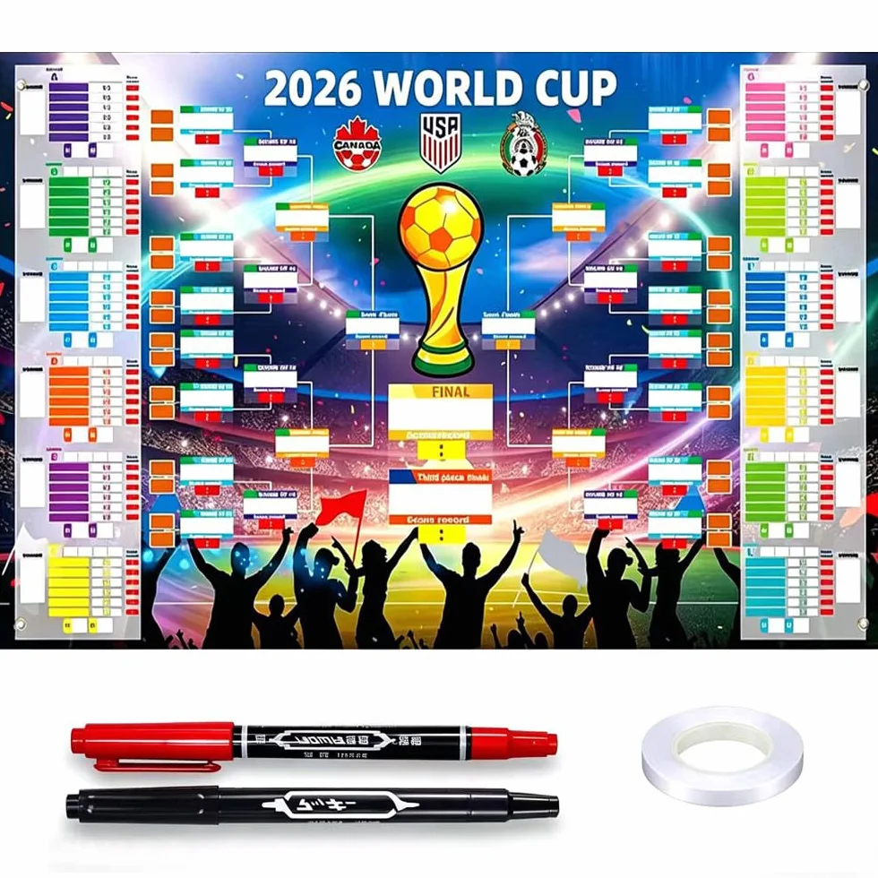 Poster 2026 con 2 penne, pianificatore di calcio, 84 x 60 cm, pianificazione del mondo 2026, poster per decorazione, contiene 48 squadre di gruppo Knockout e finale, tutti i risultati dei giochi