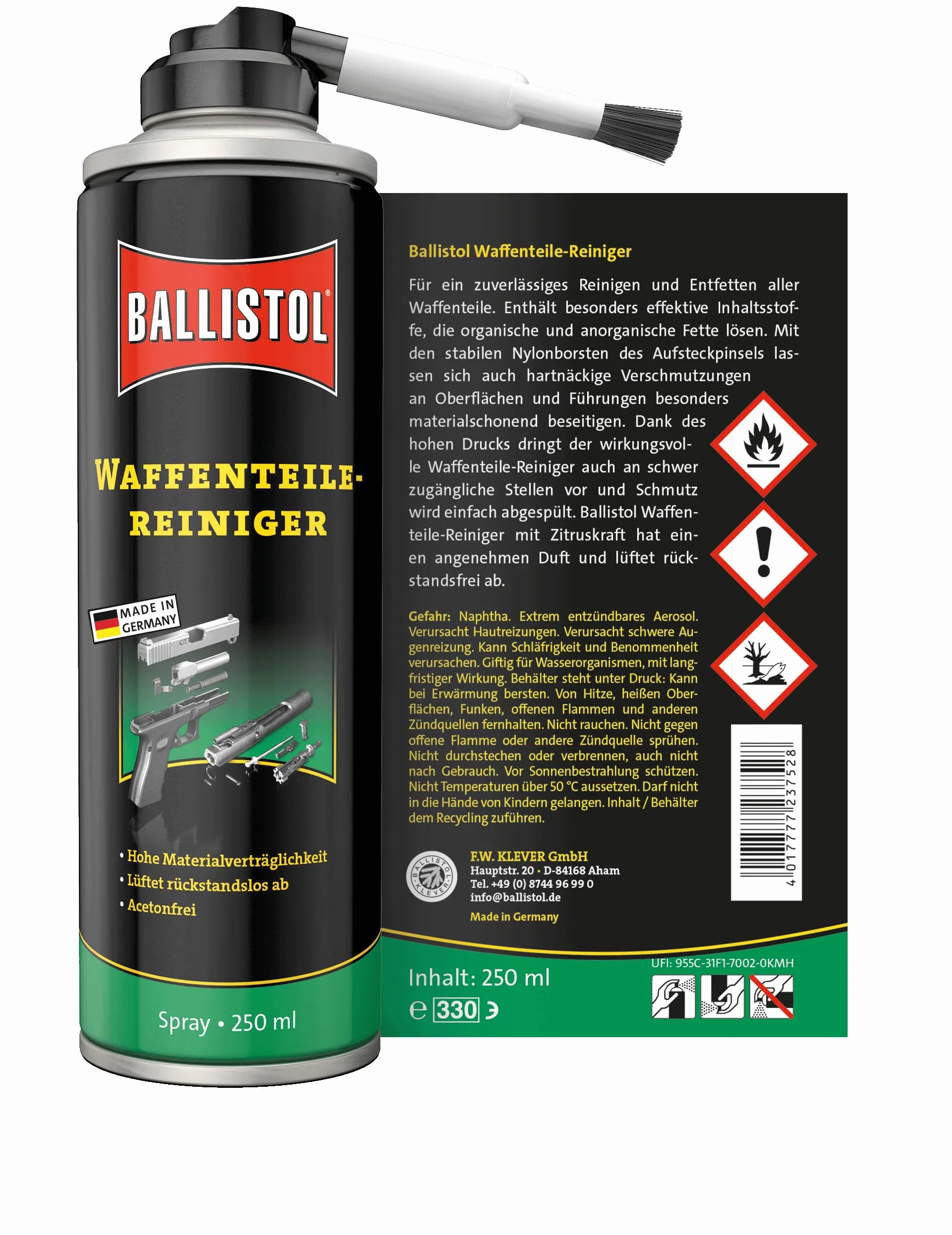BALLISTOL 23752 Detergente per parti di armi 250 ml – Pulizia e sgrassaggio con spazzola a scatto in setole di nylon