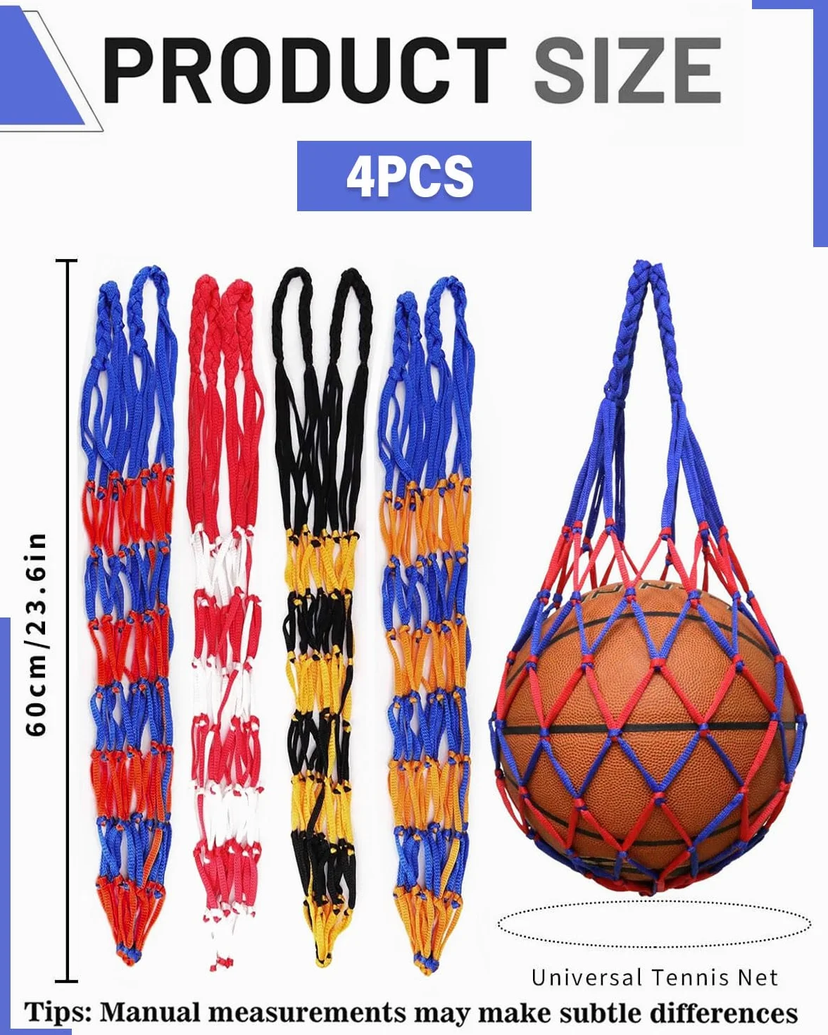 4 PCS Borsa da basket, borsa da basket, Rete per palloni da calcio, pallacanestro, 1 palla, con manici ad alto spessore