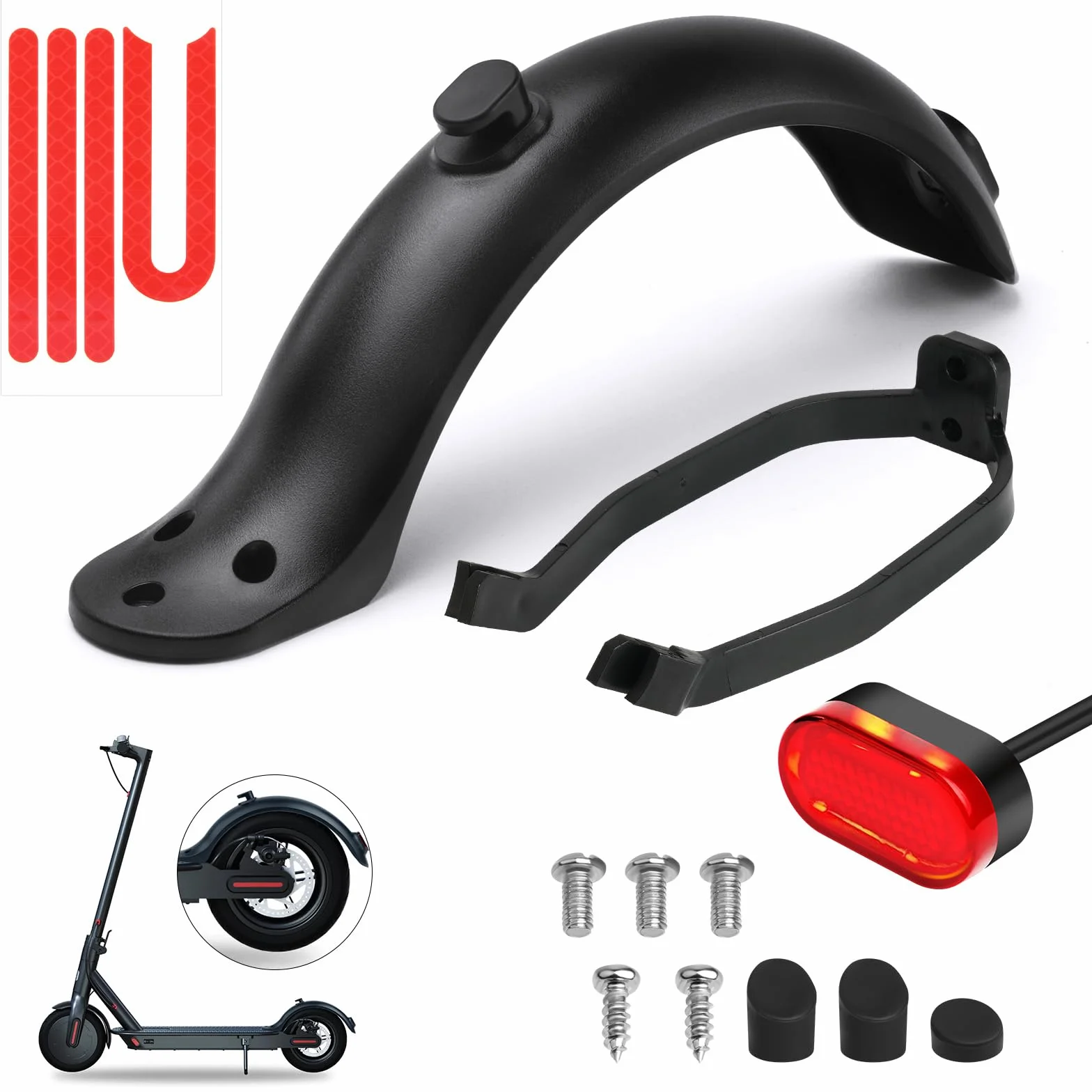 Ainiv Parafango Posteriore per Scooter, Staffa Parafango, Luce Posteriore LED e Striscia Riflettente, Accessori di Ricambio per Scooter