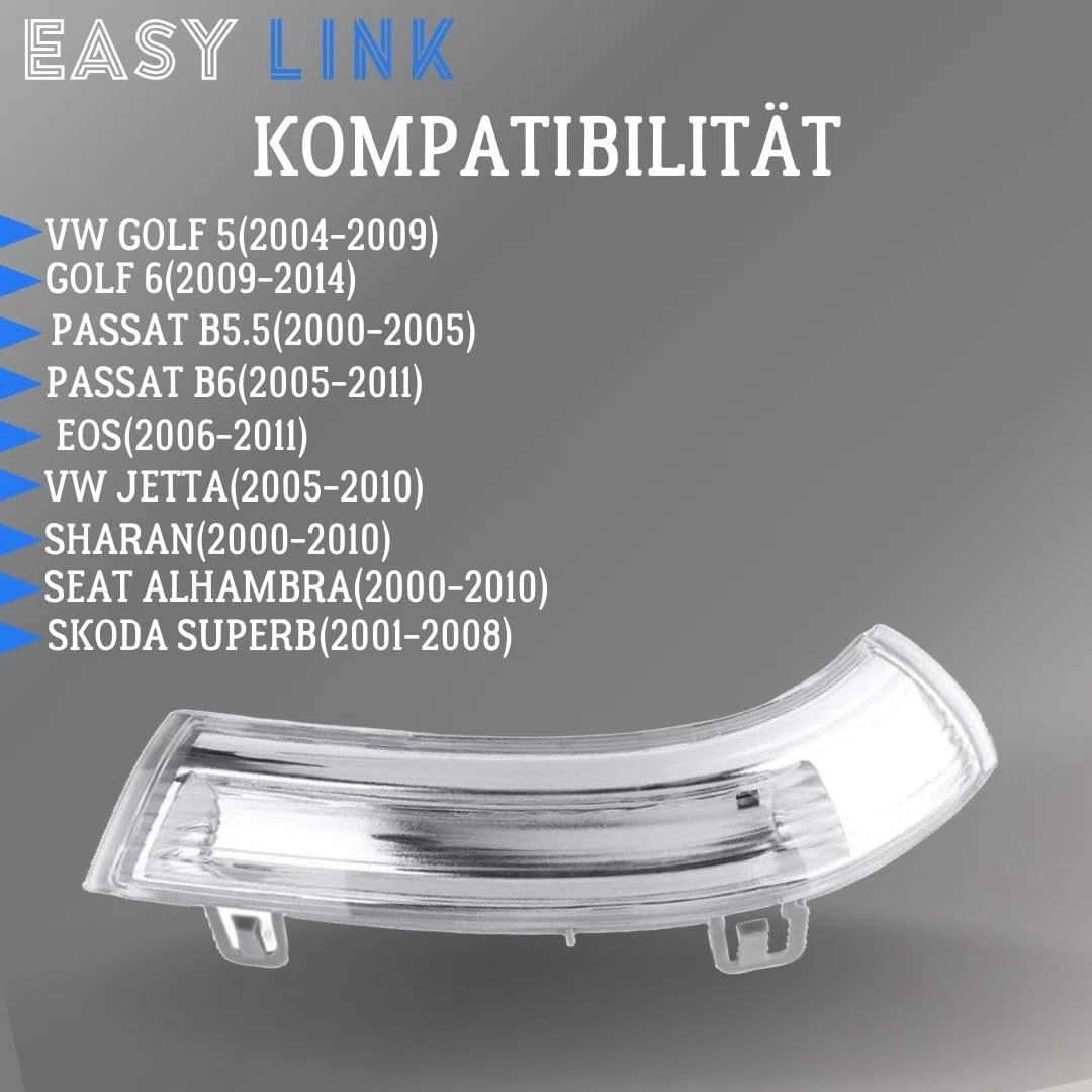 Indicatore Laterale Specchietto Retrovisore Sinistro Lato Conducente Indicatore di Direzione Compatibile con VW Golf 5/6 Wagon/Plus Sharan Eos Jetta Passat B5.5 B6 Seat Alhambra Skoda Superb