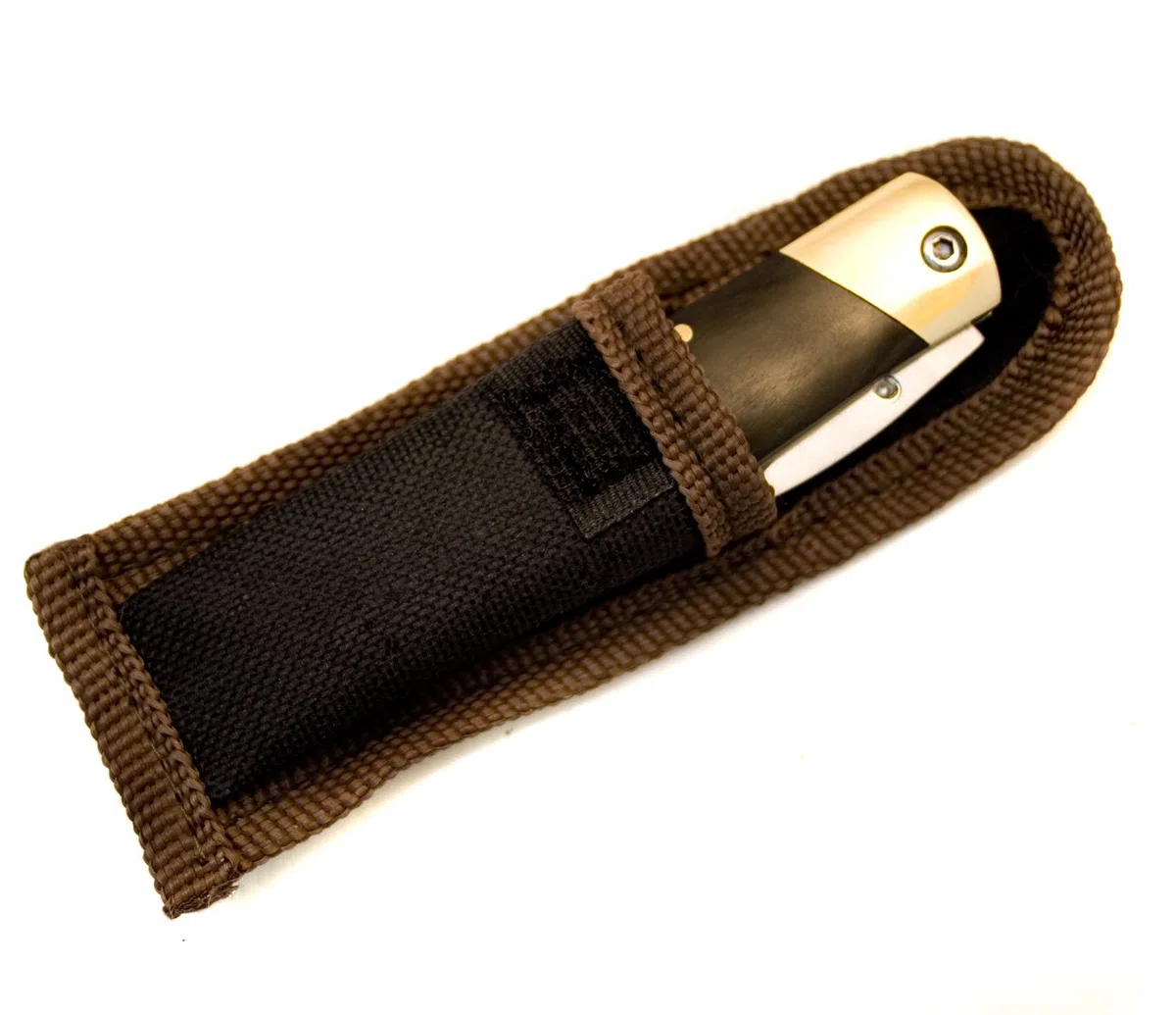Coltellino pieghevole | con moschettone per agganciarlo al portachiavi | 11 cm, manico in legno, con custodia e passante per la cintura
