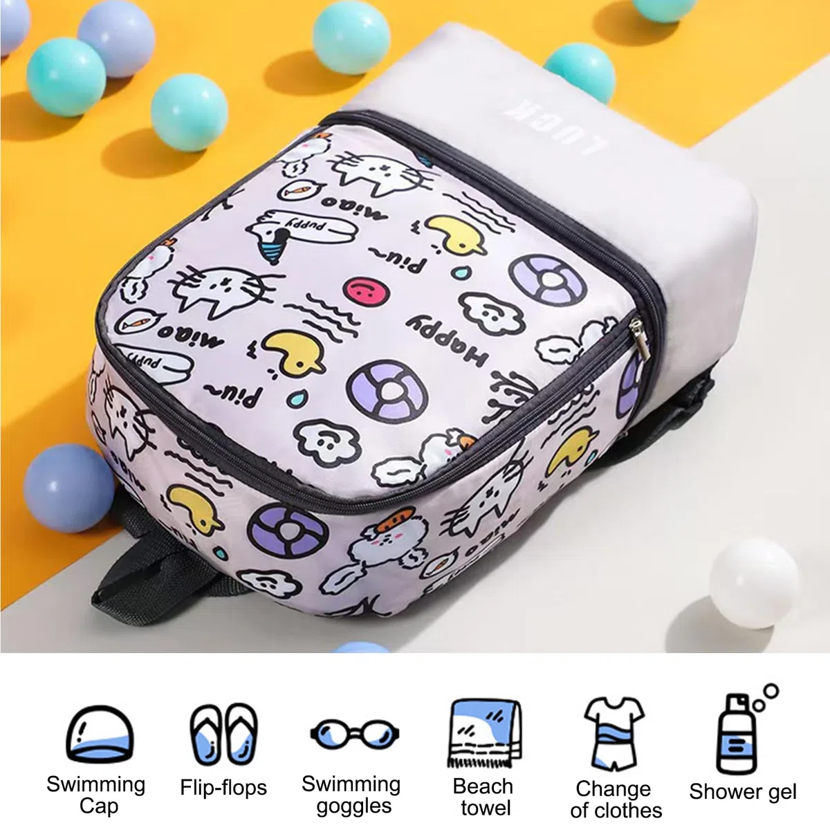 Animali dei Cartoni Animati Borsa Piscina, Borsone Piscina, Zaino Piscinas Bambino, Borsa da Nuoto Asciutta e Bagnata, Grande Capacità con Scarpiera per Sport, Viaggi, Scuola, Nuoto, Grigio