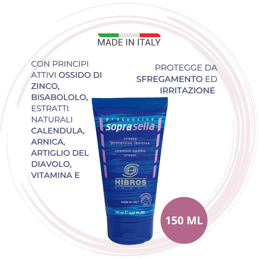 Hibros Crema Soprasella Lenitiva Idratante Protettiva Anti Sfregamento - Fondello Ciclismo Sottosella - Bici Corsa Sport Uso Sportivo Running 150 ml