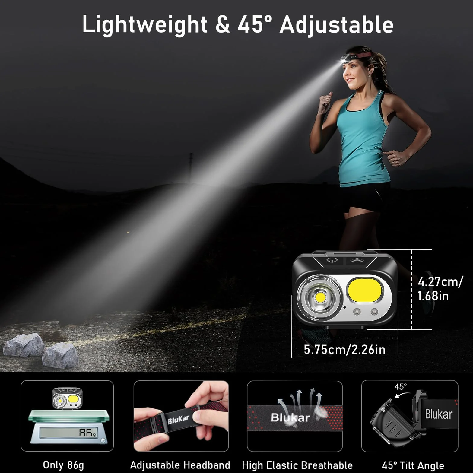 Blukar Torcia Frontale LED Ricaricabile 2000 Lumen IPX5 Impermeabile per Campeggio Trekking Pesca