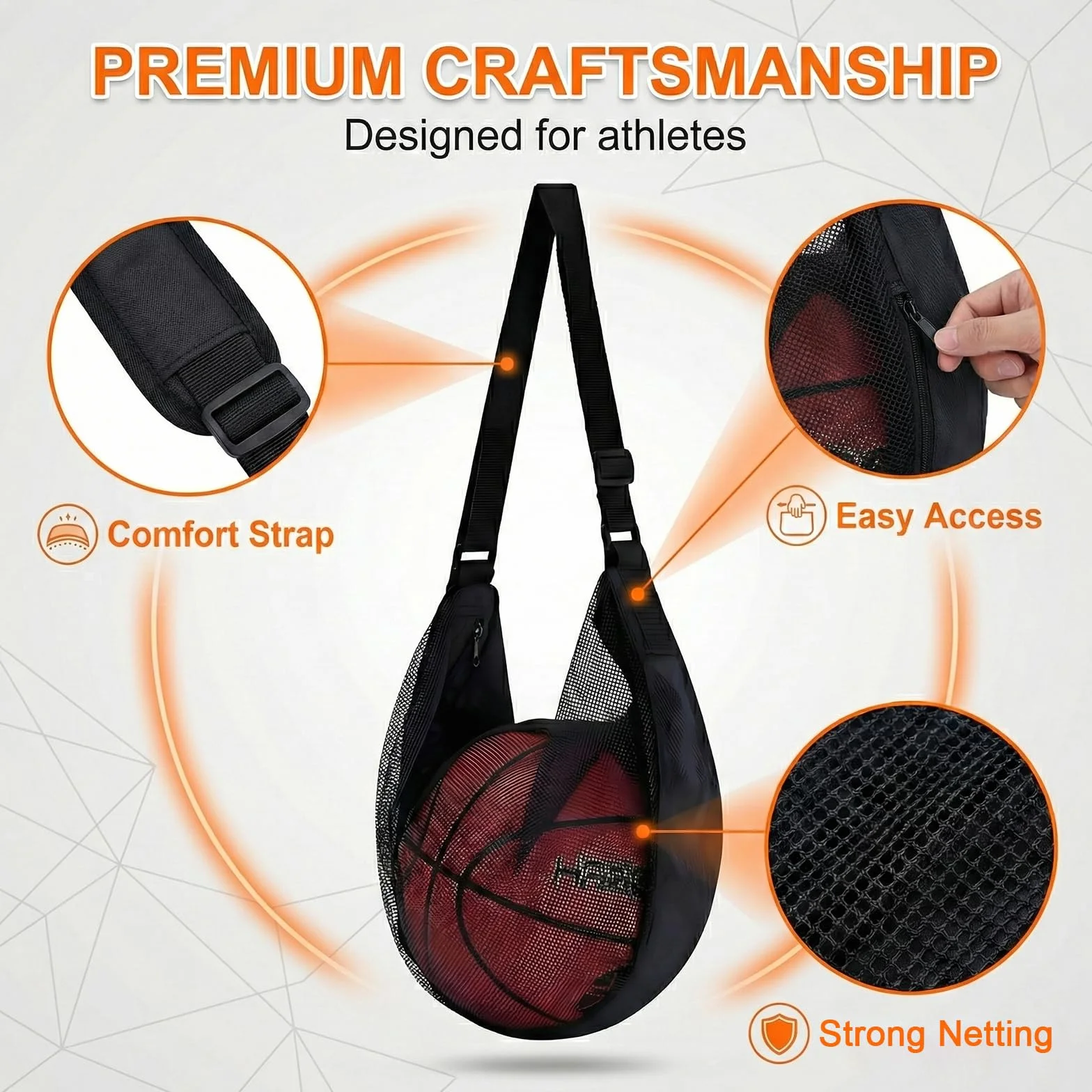 1 Borsa da Basket con Cavo,Borsa per Palloni,Rete resistente per palloni da basket e calcio,Zaino per Palla Portatile,Sacco sportivo traspirante,Rete portapalloni portatile per allenamenti,partite.