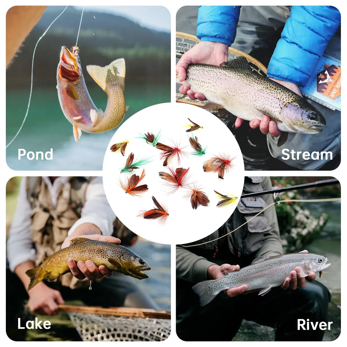 12 esche a forma di farfalla, realizzate a mano, per spigola, panfish, trota, salmone