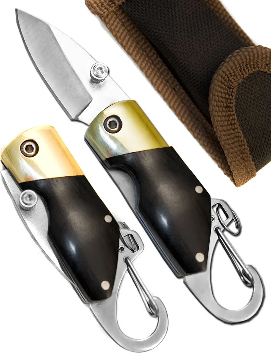 Coltellino pieghevole | con moschettone per agganciarlo al portachiavi | 11 cm, manico in legno, con custodia e passante per la cintura
