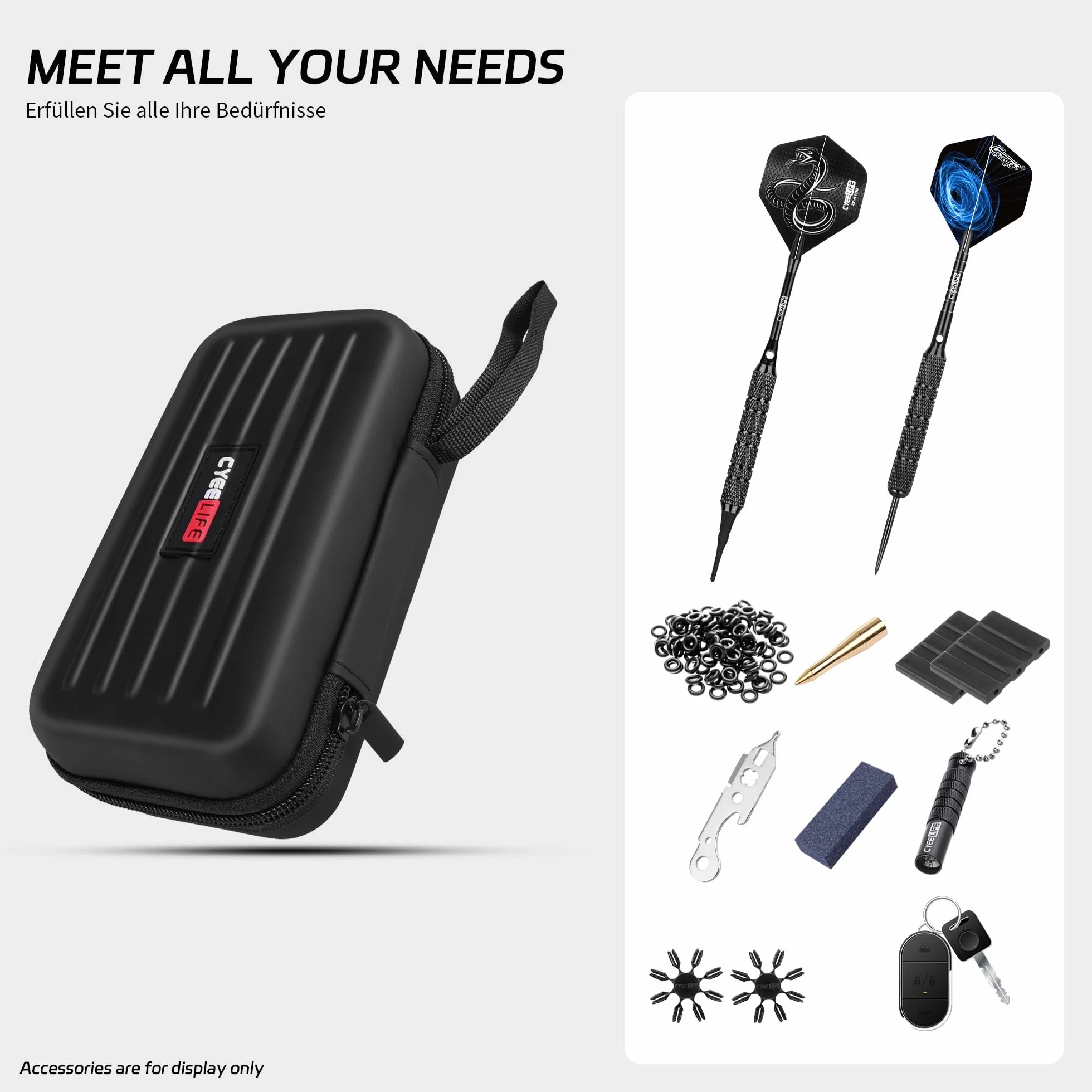 CyeeLife Custodia per freccette, custodia per freccette in acciaio o punta morbida, contiene 3 freccette e accessori extra, tubi e tasche integrate per alette, punte, alberi