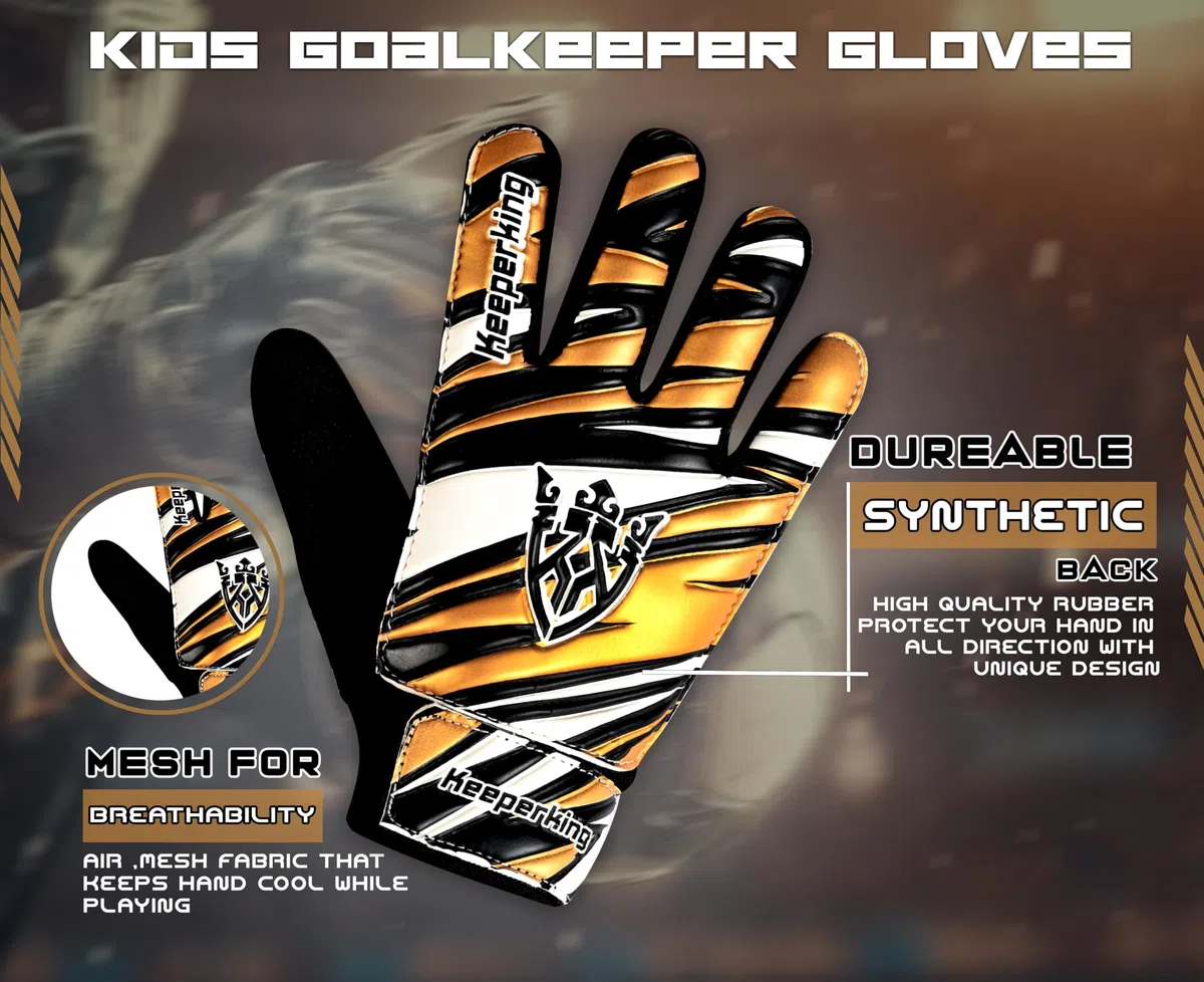 Keeperking Guanti da portiere per bambini, ragazzi e ragazze, guanti da calcio, per ragazzi (5, oro nero)