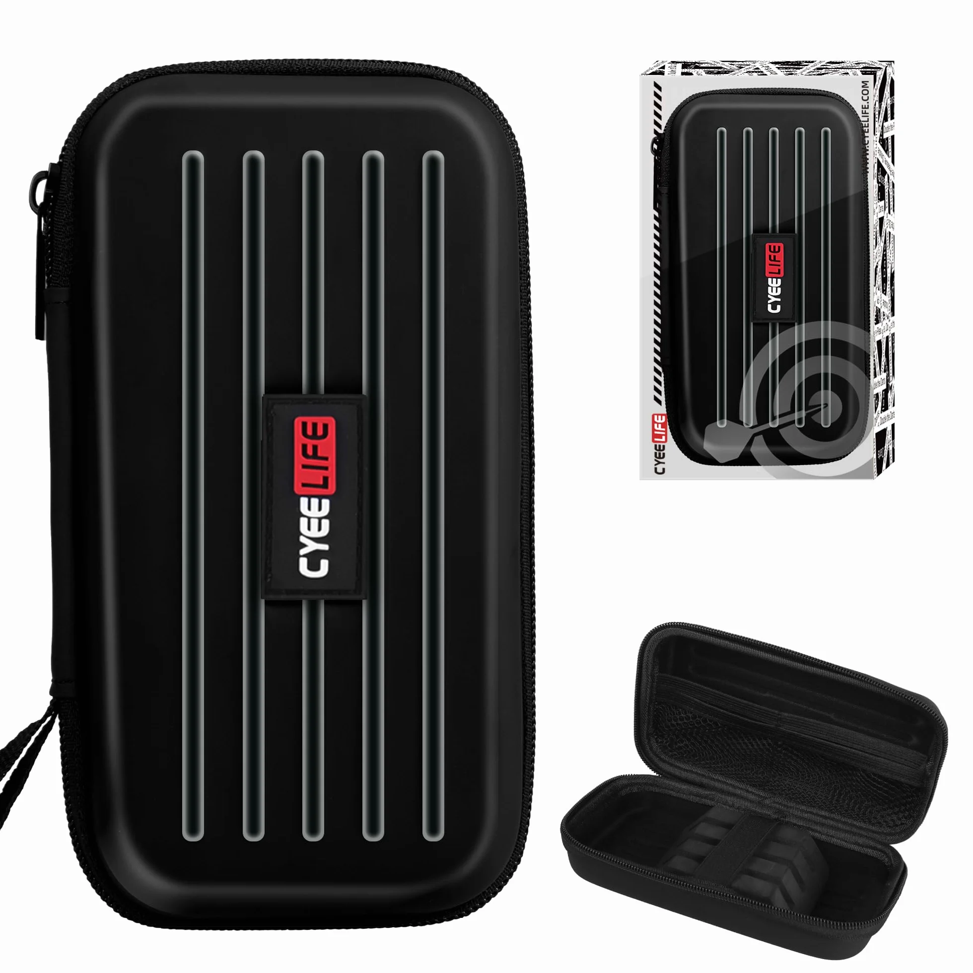 CyeeLife Custodia per freccette, custodia per freccette in acciaio o punta morbida, contiene 3 freccette e accessori extra, tubi e tasche integrate per alette, punte, alberi