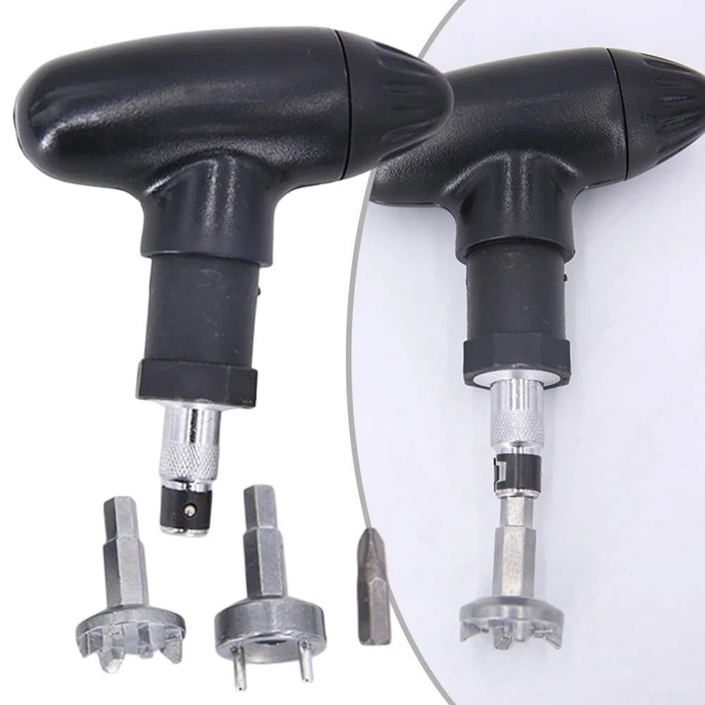 Chiave a cricchetto con manico in plastica e punta a 2 rebbi, in acciaio inox, design compatto, colore nero