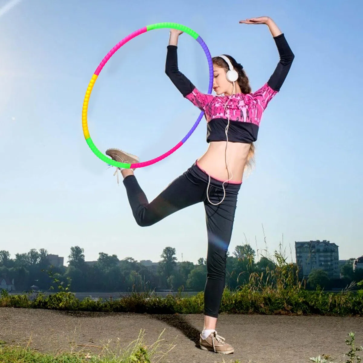 Hula Hoop pieghevole in plastica, 7 sezioni, tubi colorati staccabili, per esercizi, fitness, ginnastica, danza, giochi di addestramento per animali domestici, per bambini e adulti