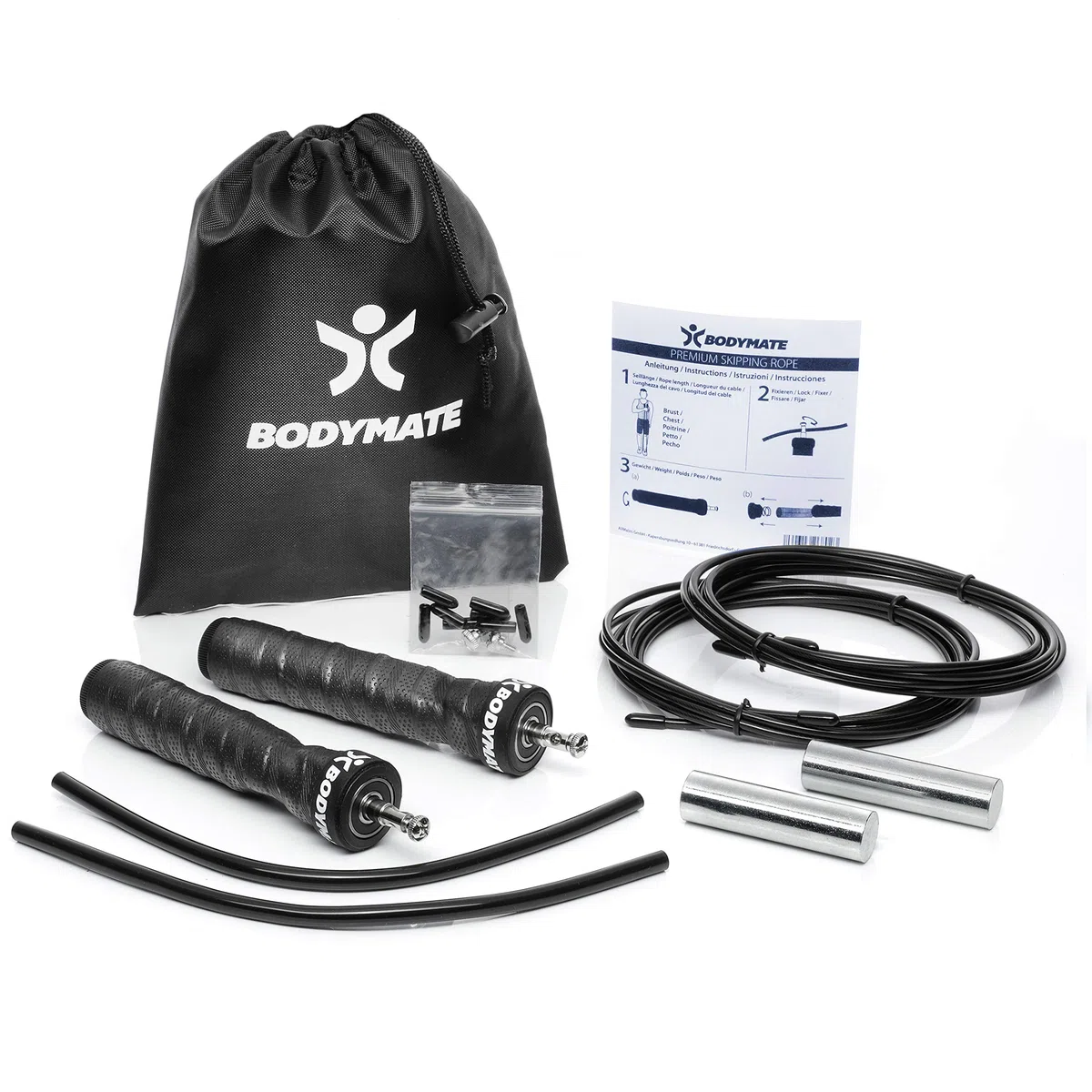 BODYMATE Corda per Saltare Premium con 2 pesi estraibili, Maniglie Antiscivolo, 2 Corde in Acciaio Regolabili con Protezione antiusura - Crossfit, Functional Core, Boxe