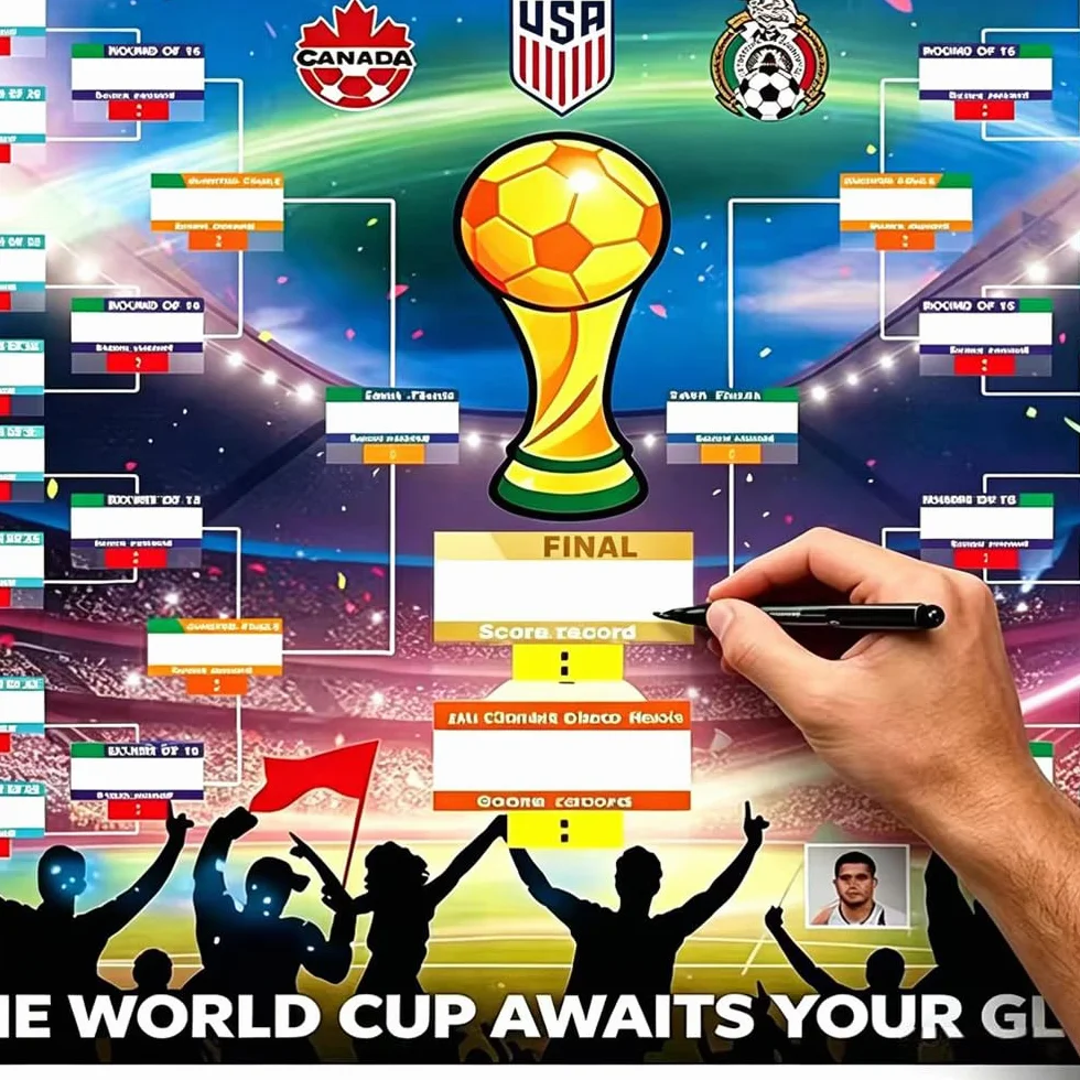 Poster 2026 con 2 penne, pianificatore di calcio, 84 x 60 cm, pianificazione del mondo 2026, poster per decorazione, contiene 48 squadre di gruppo Knockout e finale, tutti i risultati dei giochi