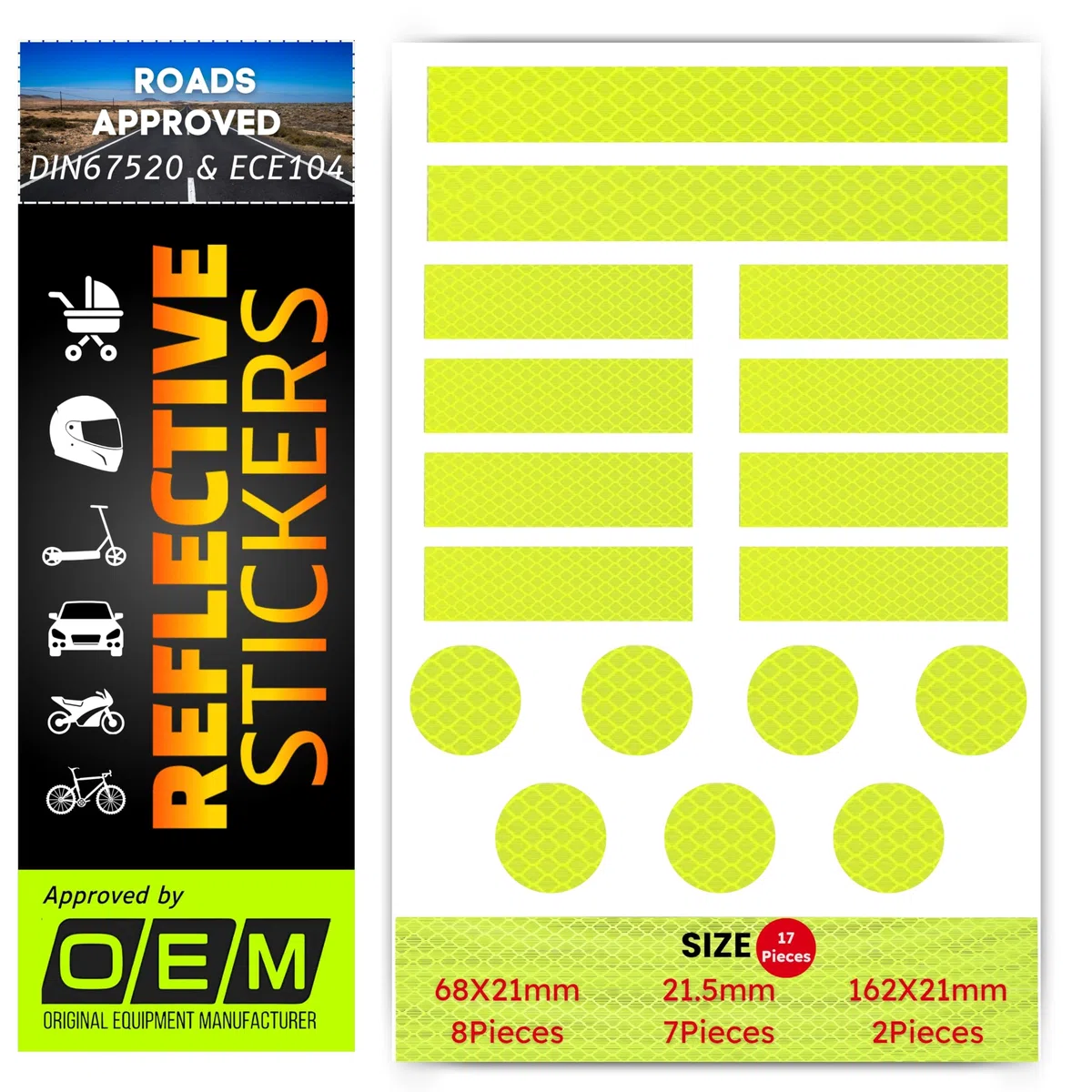DIN67520 ECE104 - Adesivo riflettente, impermeabile, riflettente, per auto, moto, casco, bicicletta, materiale di grado diamond (Flu giallo/verde 4083, set da 17)