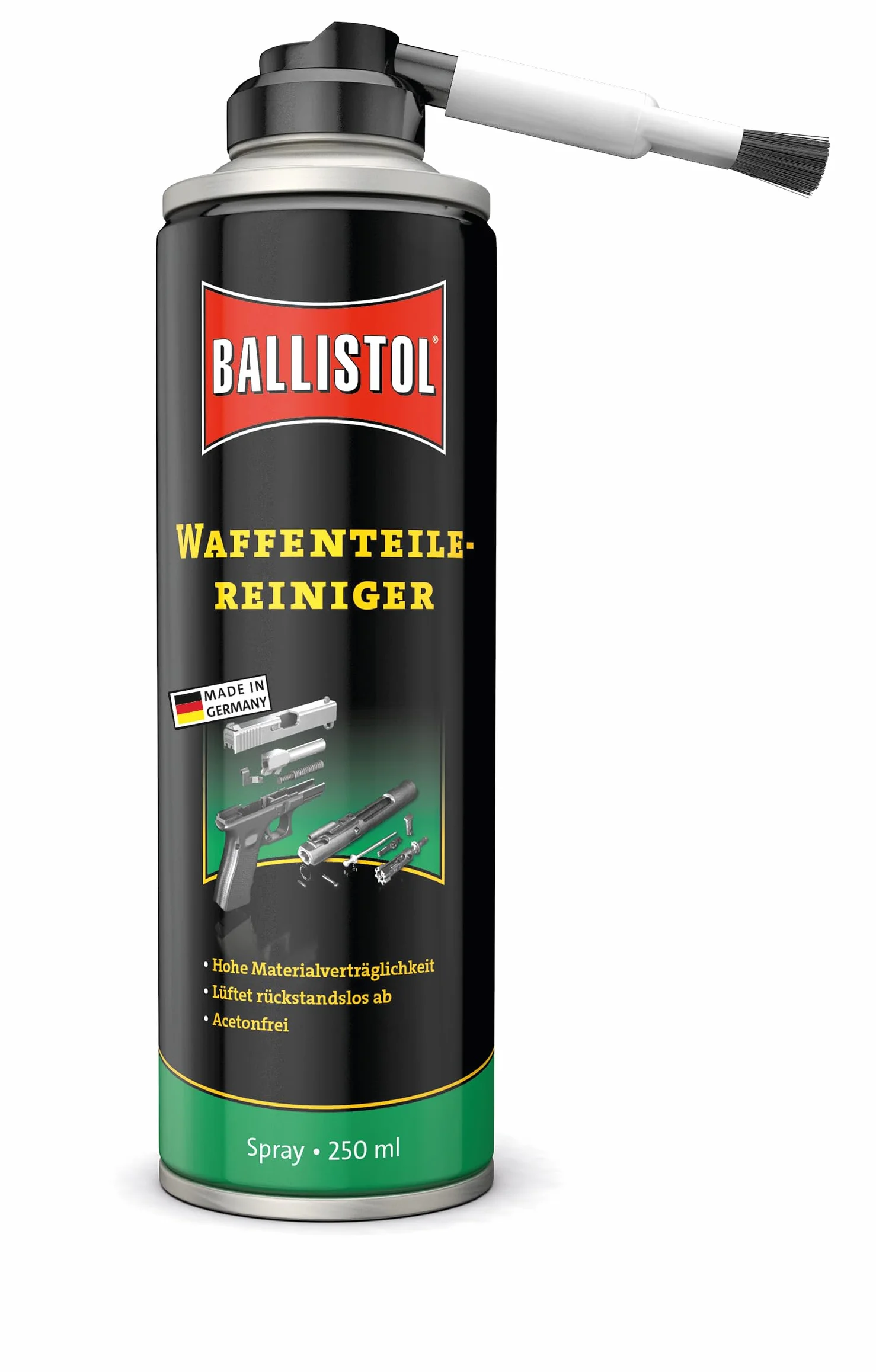 BALLISTOL 23752 Detergente per parti di armi 250 ml – Pulizia e sgrassaggio con spazzola a scatto in setole di nylon