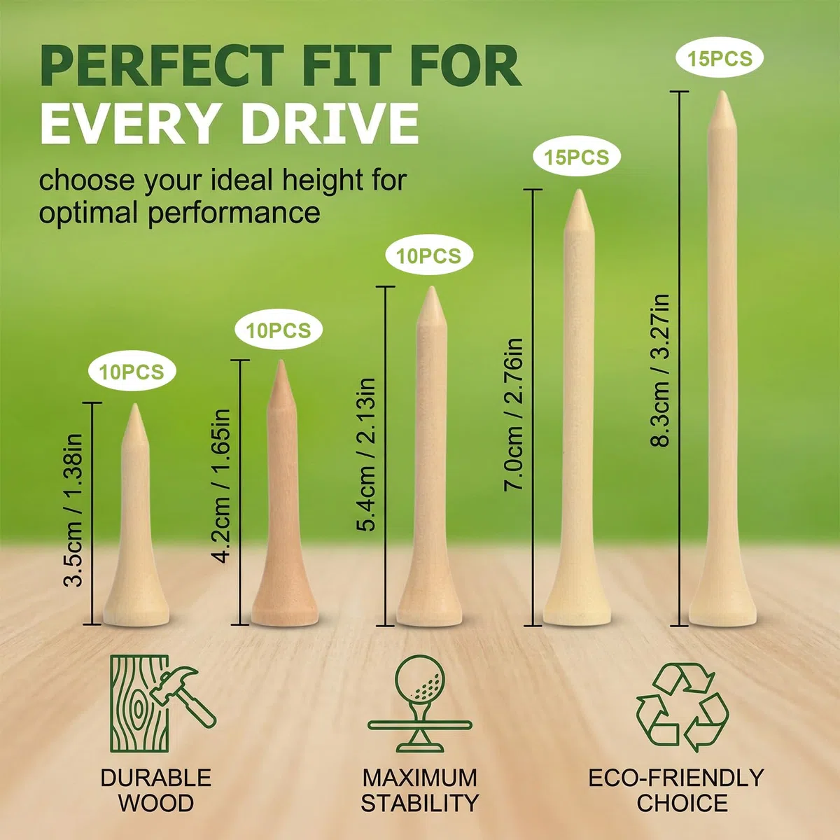 60 Pezzi Tee da Golf in Legno 5 Altezze Diverse (83mm-35mm), Accessori Golf Ecologici e Biodegradabili, Confezione Mista per Allenamento e Partita, Colore Naturale