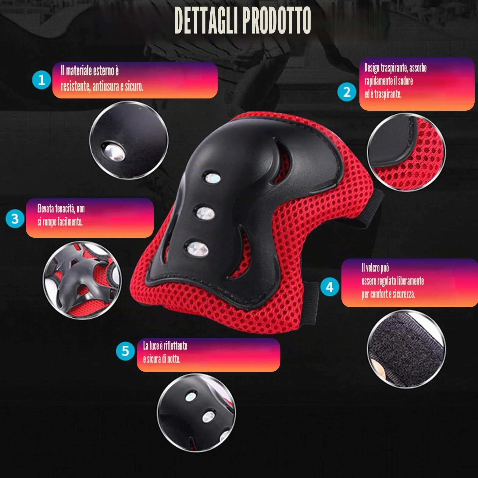 JSTHHTT Protezioni Skateboard Bambino,Set di Protezioni per Bambini,Protezioni Pattini Ginocchiere Gomitiere,Regolabile Ginocchiere Gomitiere per Skateboard Bicicletta Pattinaggio Monopattino,Rosso