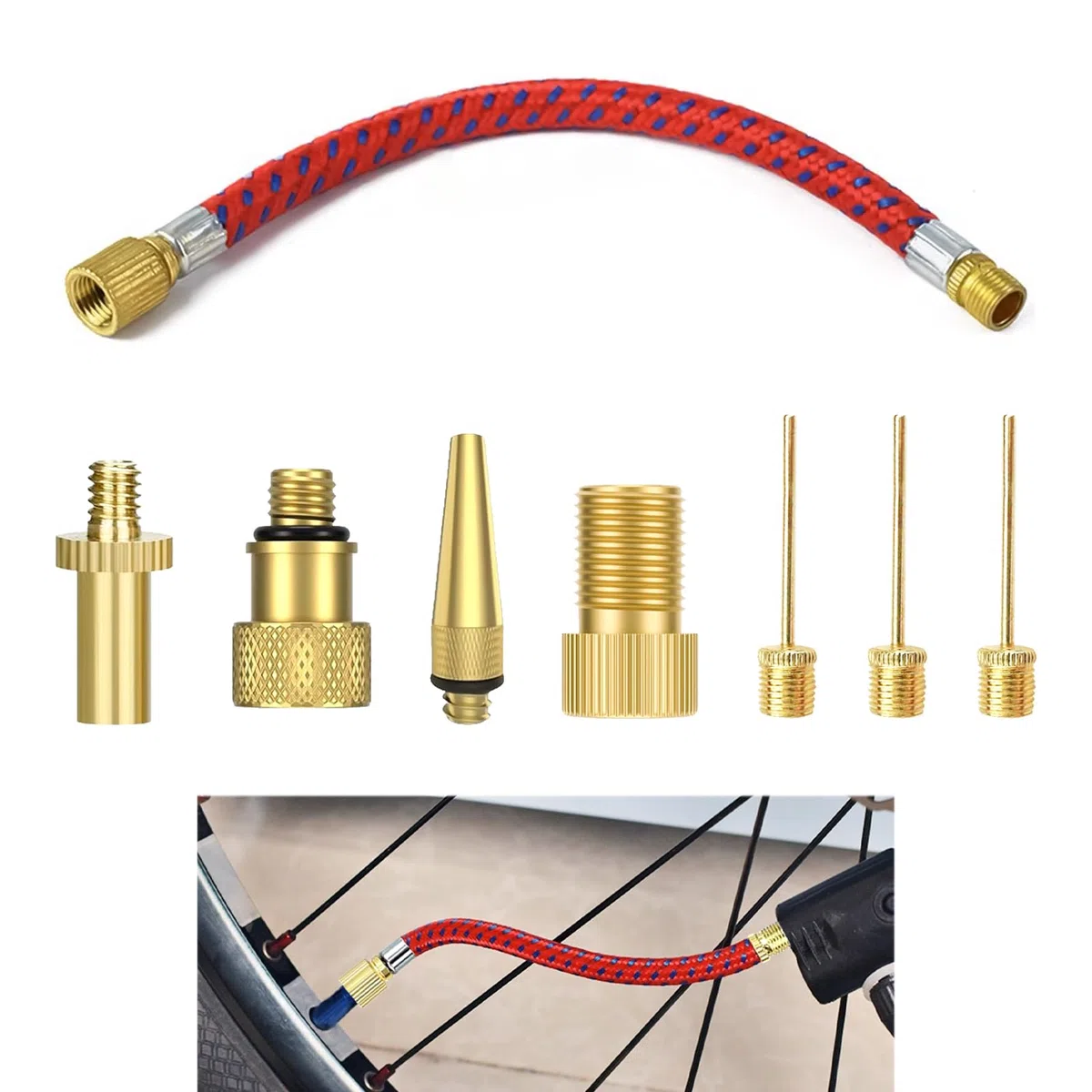8 Pezzi Adattatore Valvola Bicicletta, Kit Gonfiaggio Bici per Auto, Palloni Materassini, con Adattatori AV DV SV, Prolunga Flessibile 16cm, Aghi per Palloni e Adattatore Conico per Compressori Pompe