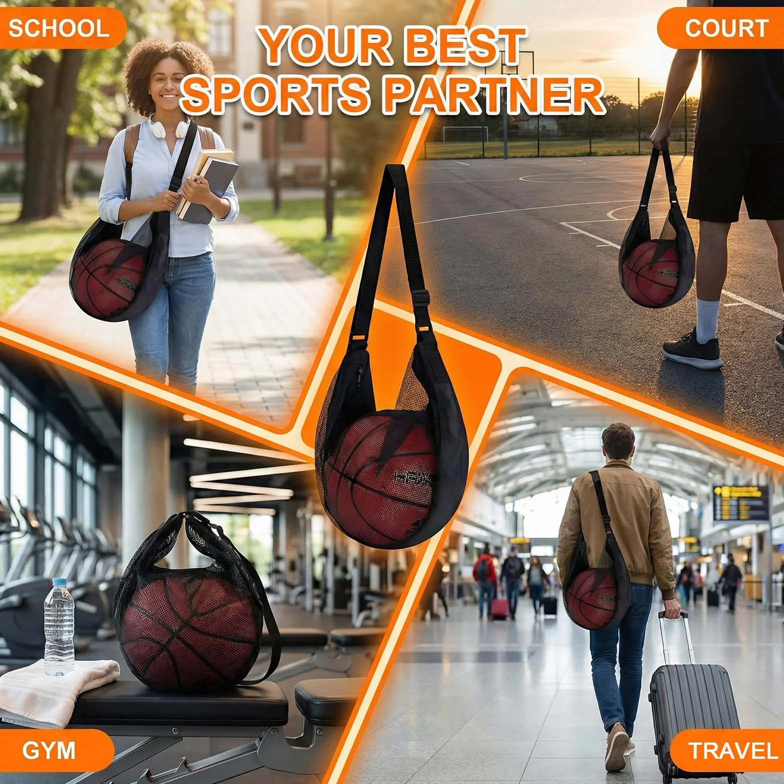 1 Borsa da Basket con Cavo,Borsa per Palloni,Rete resistente per palloni da basket e calcio,Zaino per Palla Portatile,Sacco sportivo traspirante,Rete portapalloni portatile per allenamenti,partite.