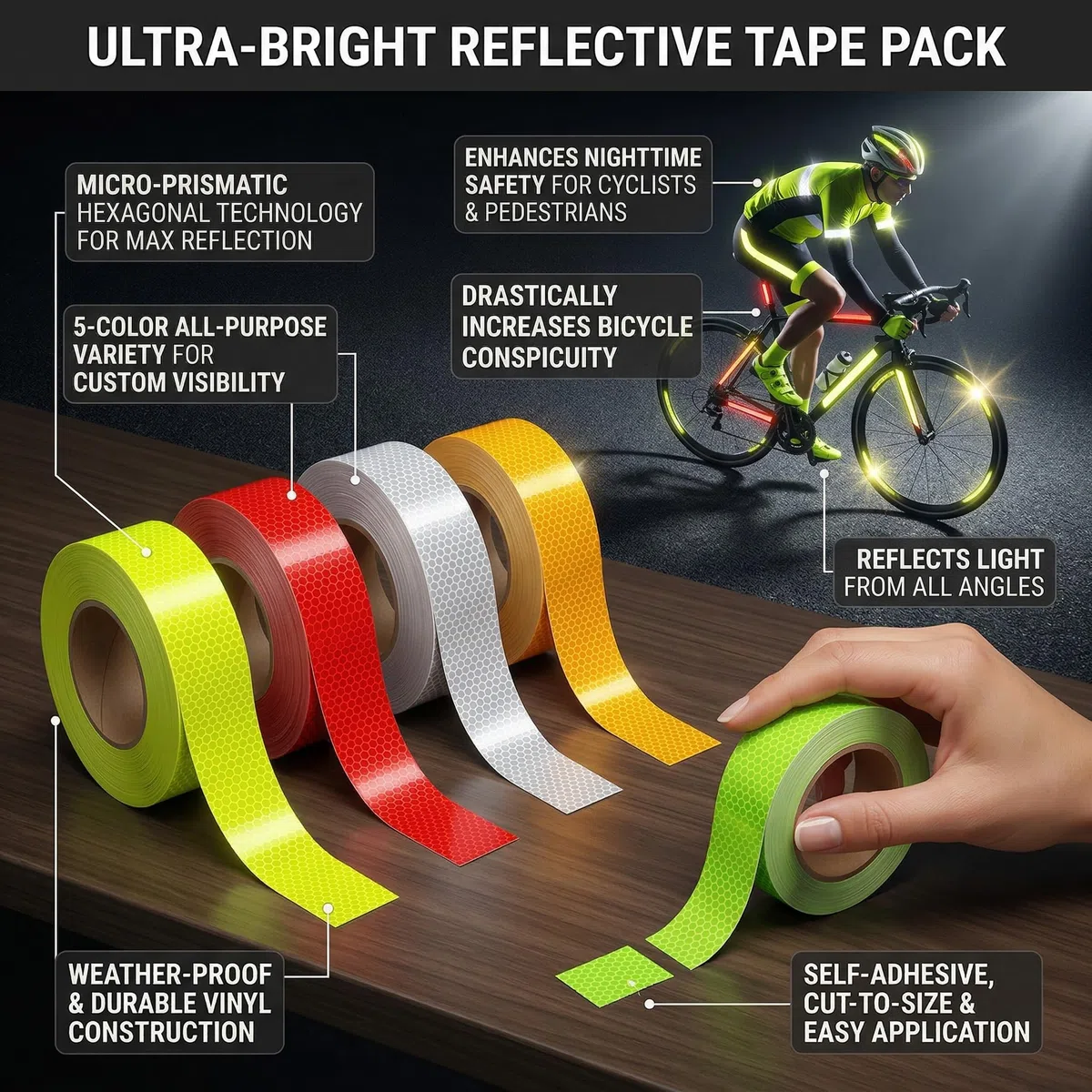 Nastro Catarifrangente Adesivo 25m, Set 5 Rotoli, Colori Rosso, Bianco, Giallo, Verde, Arancio, Alta Riflettenza, Facile da Usare, Adatto per Auto, Moto, Biciclette, Abbigliamento e Accessor