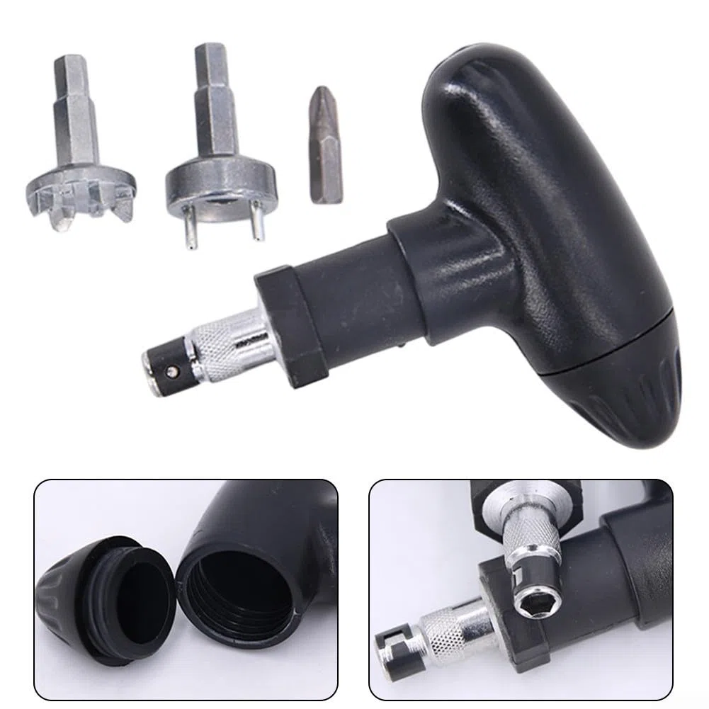 Chiave a cricchetto con manico in plastica e punta a 2 rebbi, in acciaio inox, design compatto, colore nero