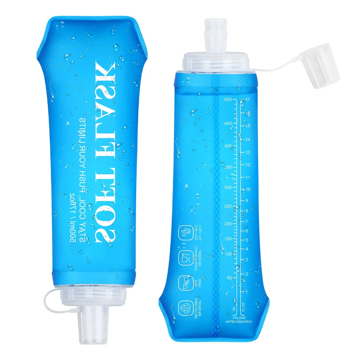 Euqvunn Borraccia Pieghevole 2 Pezzi, Borraccia Morbida 500 ml Riutilizzabile 500ml Senza BPA con Cappuccio Antileak, Pieghevole per Corsa, Escursioni, Ciclismo