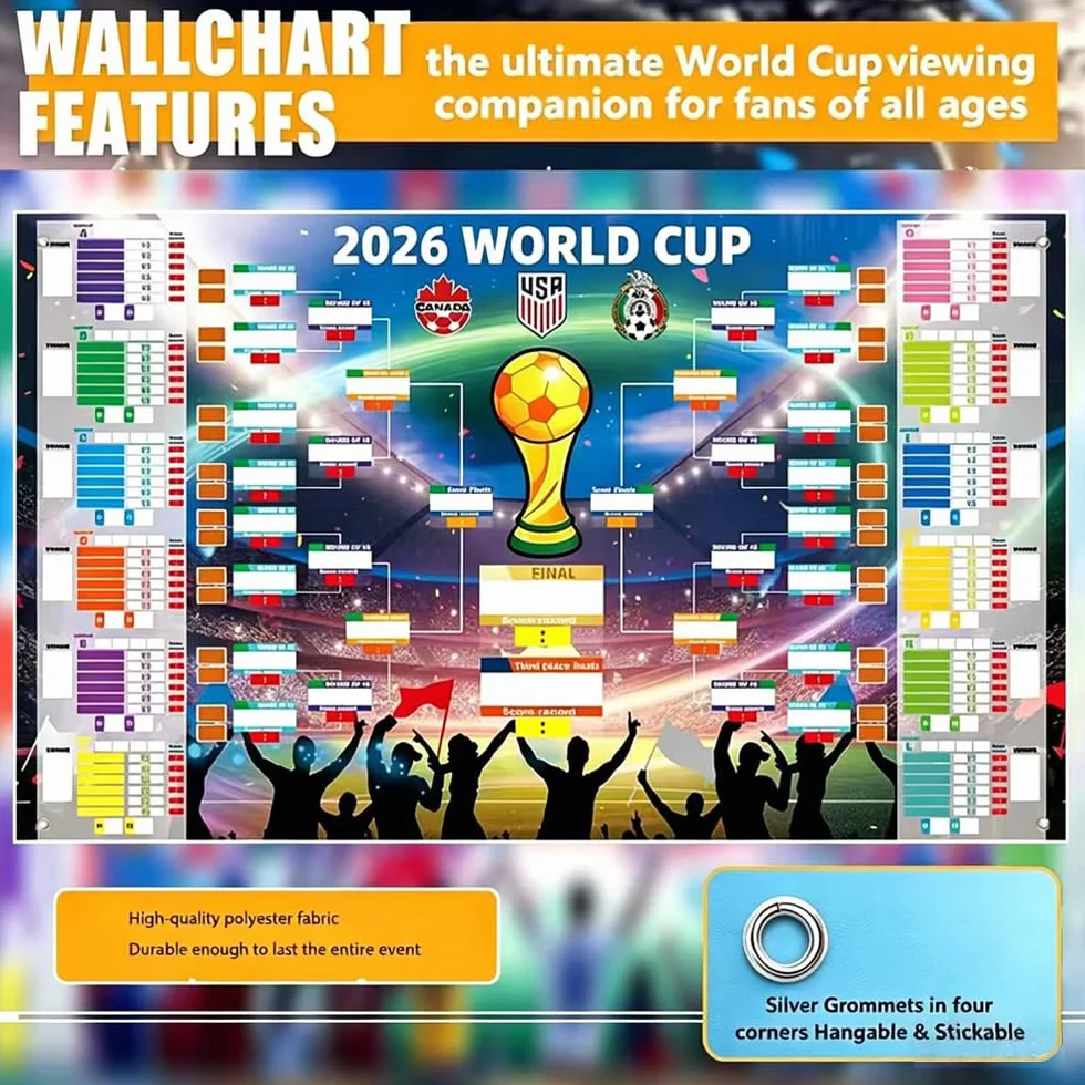 Poster 2026 con 2 penne, pianificatore di calcio, 84 x 60 cm, pianificazione del mondo 2026, poster per decorazione, contiene 48 squadre di gruppo Knockout e finale, tutti i risultati dei giochi
