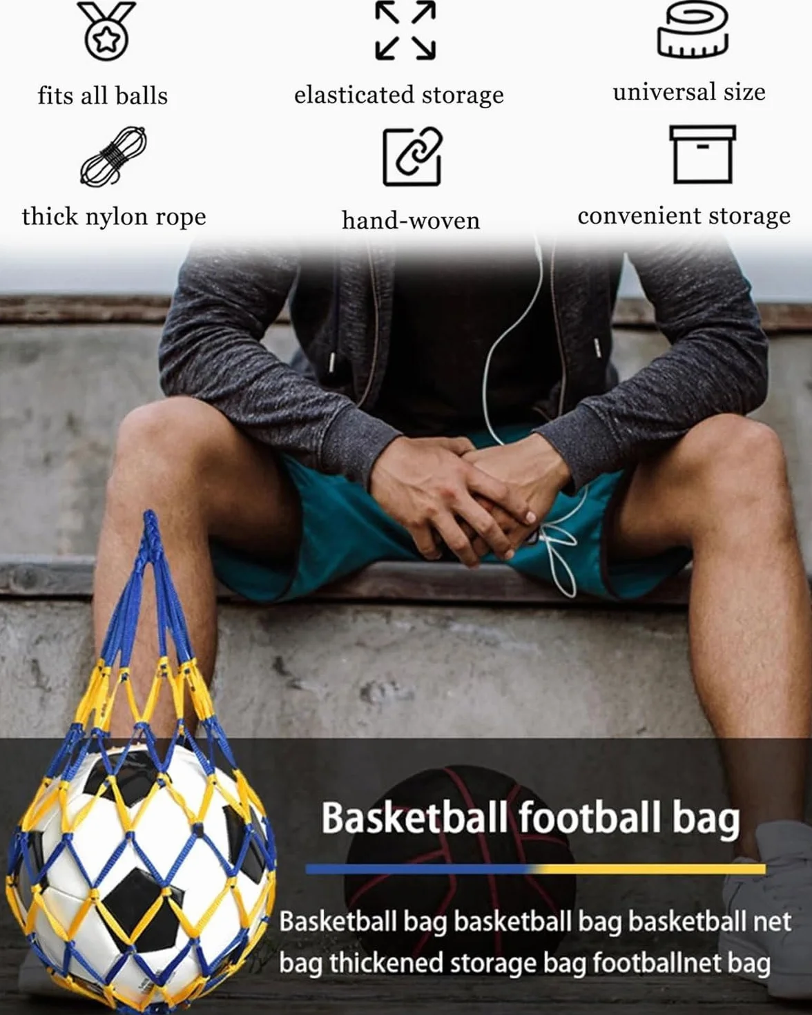 4 PCS Borsa da basket, borsa da basket, Rete per palloni da calcio, pallacanestro, 1 palla, con manici ad alto spessore
