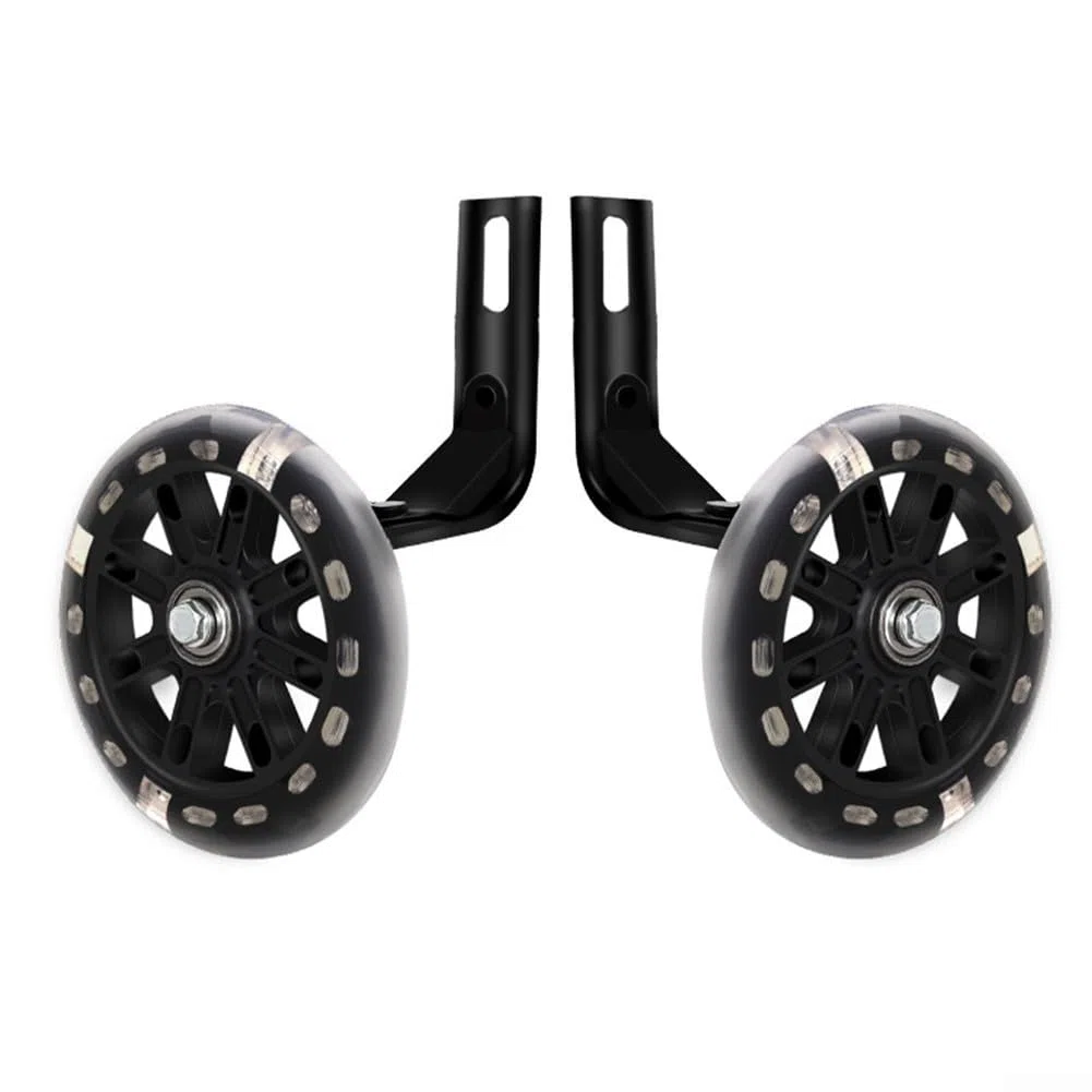 Ruote per allenamento bici con luce LED multicolore per bambini da 14 16 20 pollici silenziosa PU Flash ruota ausiliaria stand stabile nero (30,5 cm)