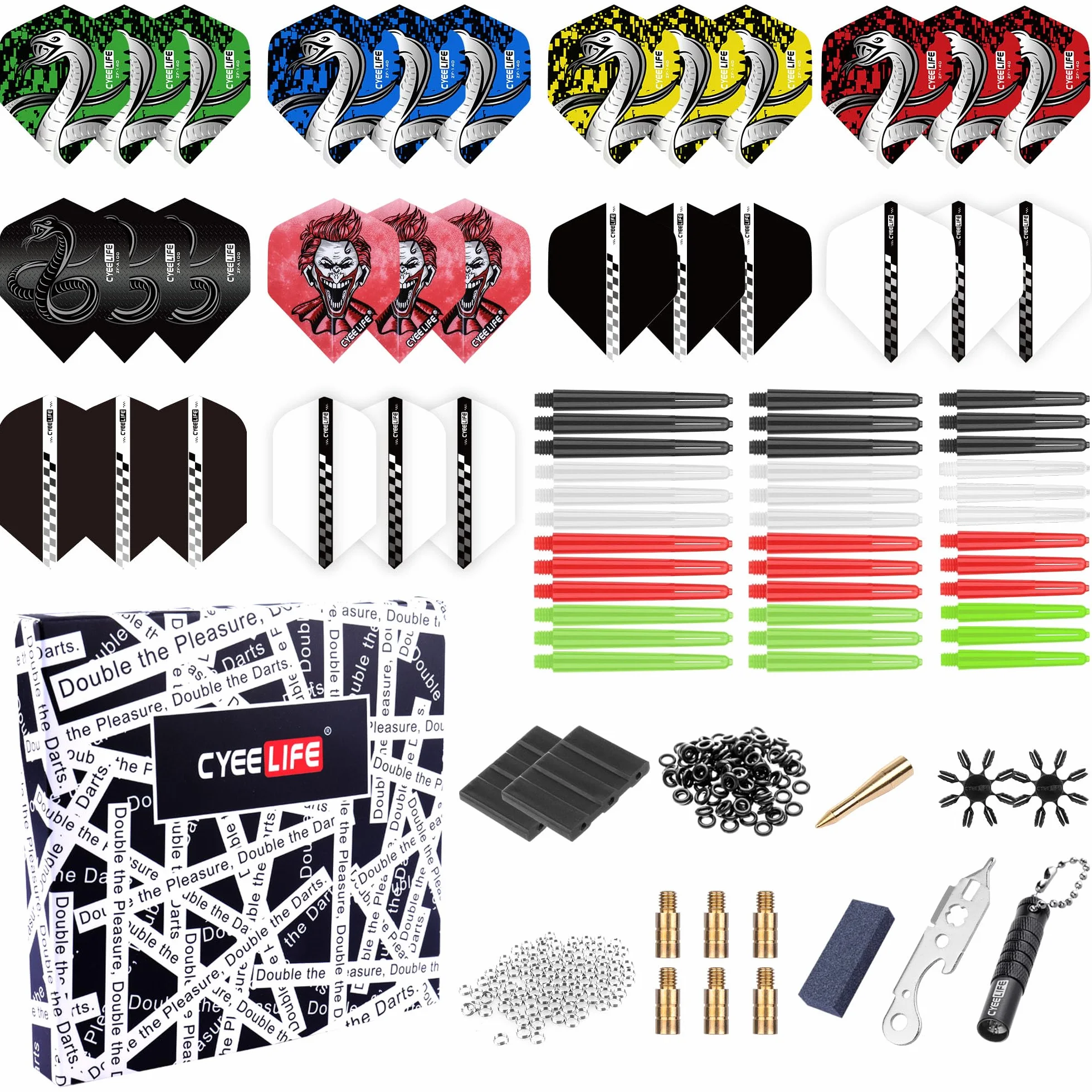 CyeeLife 180 Piece Darts Custom Fit Pack Set, Includes Flights, Shafts, Rubber O-Rings, Flight Protecter And Accessories