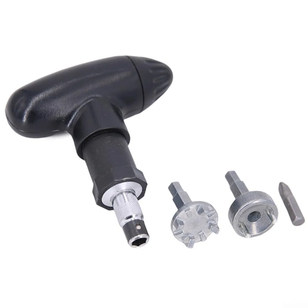 Chiave a cricchetto con manico in plastica e punta a 2 rebbi, in acciaio inox, design compatto, colore nero