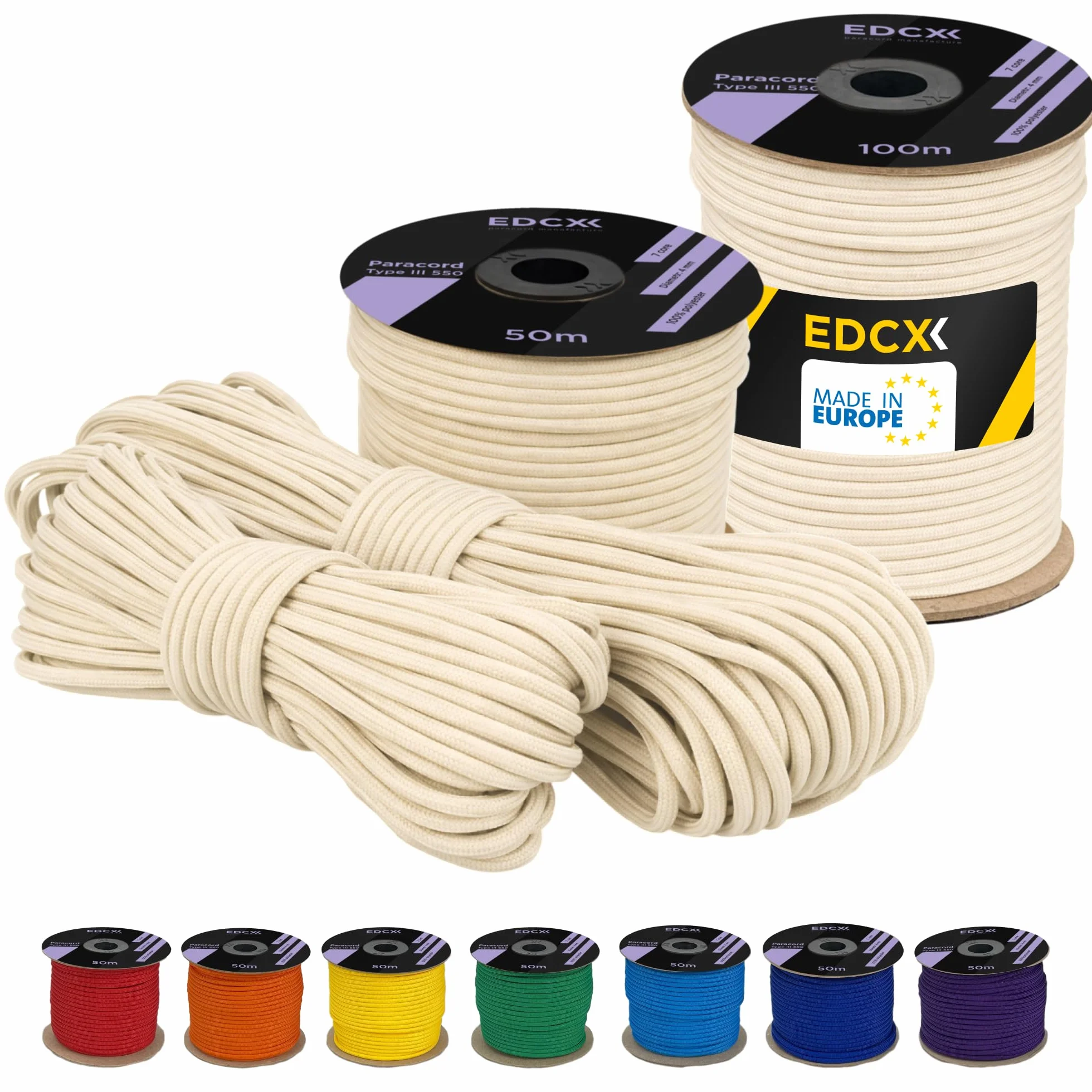 Paracord 550 4 mm Poliestere Tipo III – Cavo per Paracadute Resistente allo Strappo 100% Poliestere 7 Fili