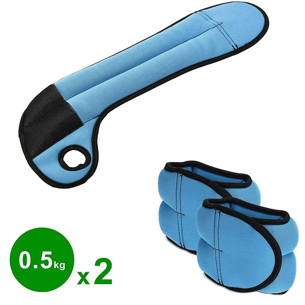 BAKAJI Set 2 Pesi per Polsi da 0,5 Kg Allenamento Palestra Aerobica Fitness Potenziamento Muscolare in Tessuto Neoprene con Foro per Pollice Chiusura Strappo Regolabile Peso Totale 1 Kg Azzurro