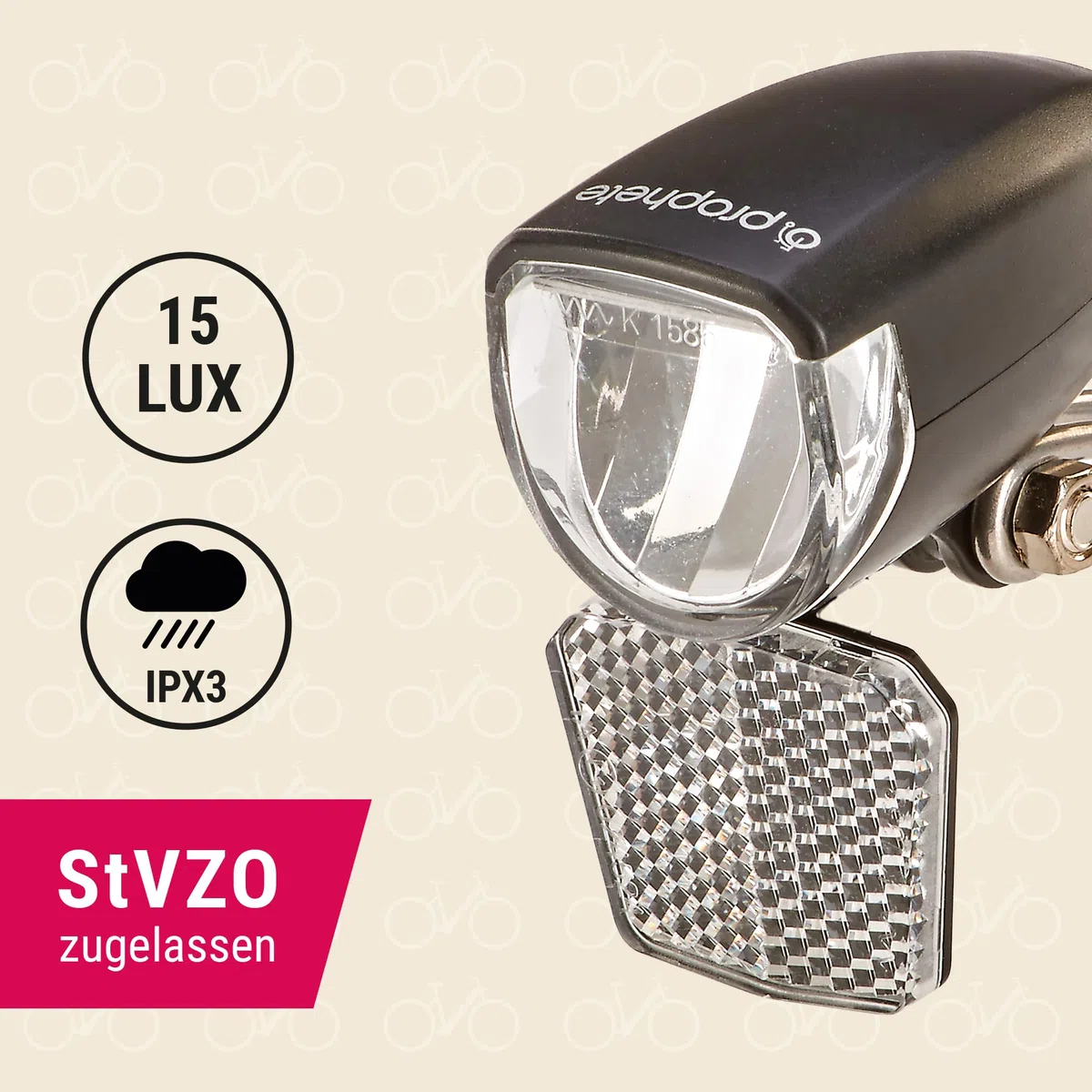 Prophete Luce per bicicletta, faro a LED, 15 Lux con riflettore rimovibile