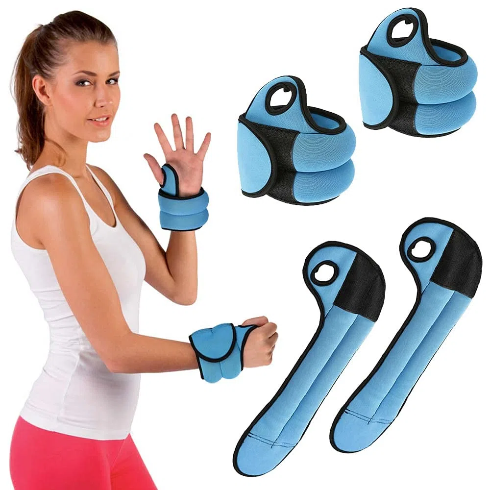 BAKAJI Set 2 Pesi per Polsi da 0,5 Kg Allenamento Palestra Aerobica Fitness Potenziamento Muscolare in Tessuto Neoprene con Foro per Pollice Chiusura Strappo Regolabile Peso Totale 1 Kg Azzurro