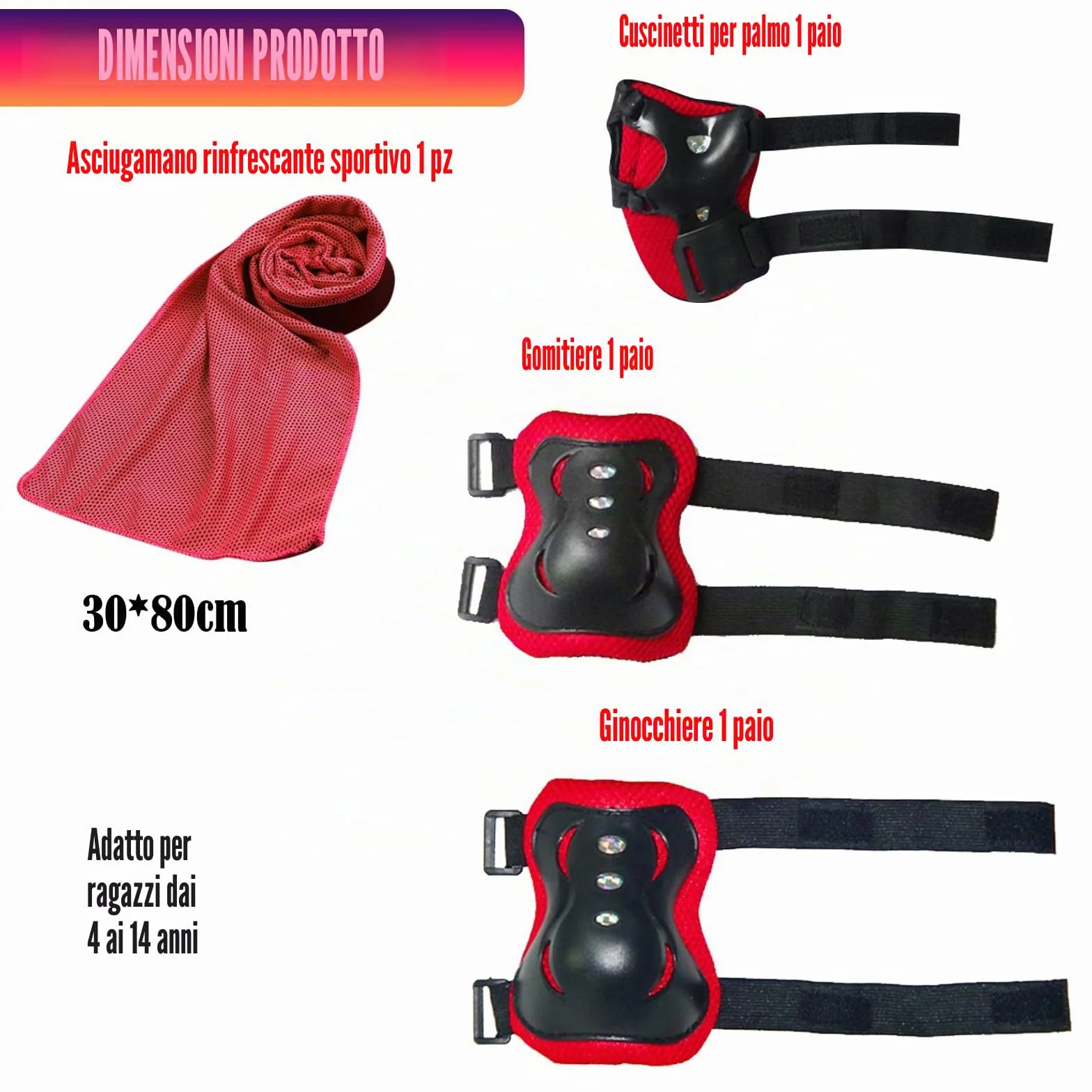 JSTHHTT Protezioni Skateboard Bambino,Set di Protezioni per Bambini,Protezioni Pattini Ginocchiere Gomitiere,Regolabile Ginocchiere Gomitiere per Skateboard Bicicletta Pattinaggio Monopattino,Rosso